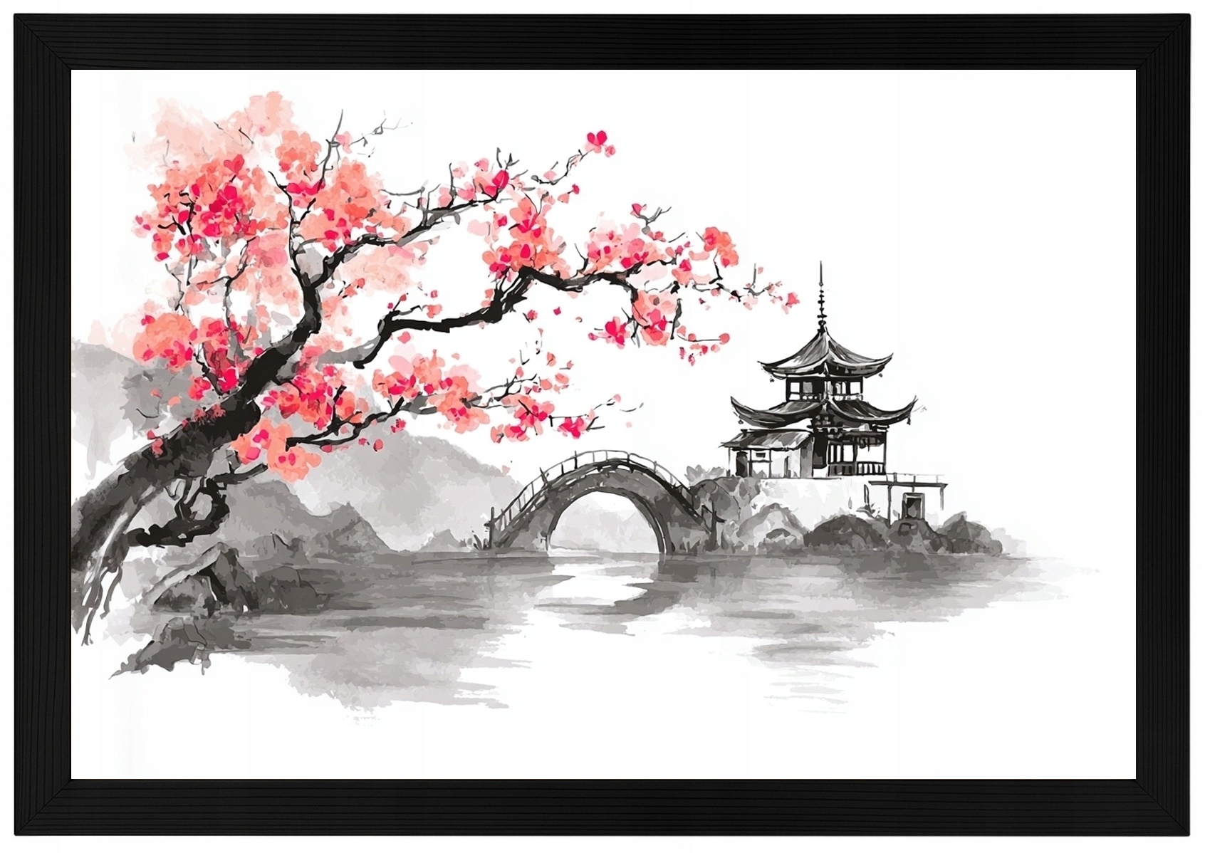 Rámeček Plakát Dřevo Asie Čína Pagoda Most Strom Višeň Sakura 60x40