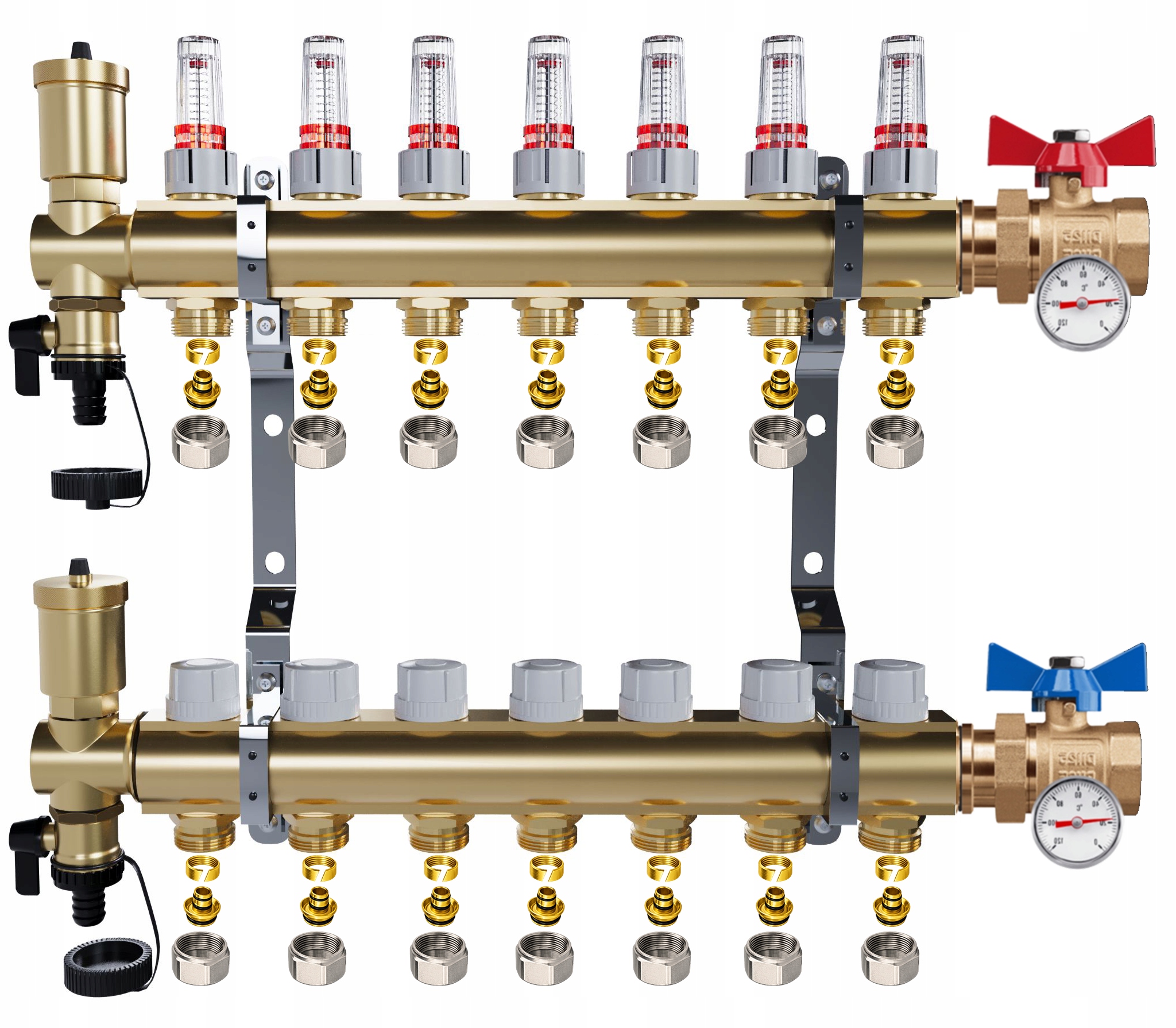 Rozdělovač Pro Podlahovku 7 Okruhů Jednoduchý Kulový Ventil Teploměr Pex