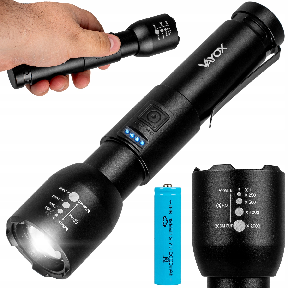 Mocna Latarka Led Taktycza Akumulatorowa 18650 Zoom Usb-c 20W 800lm Vayox