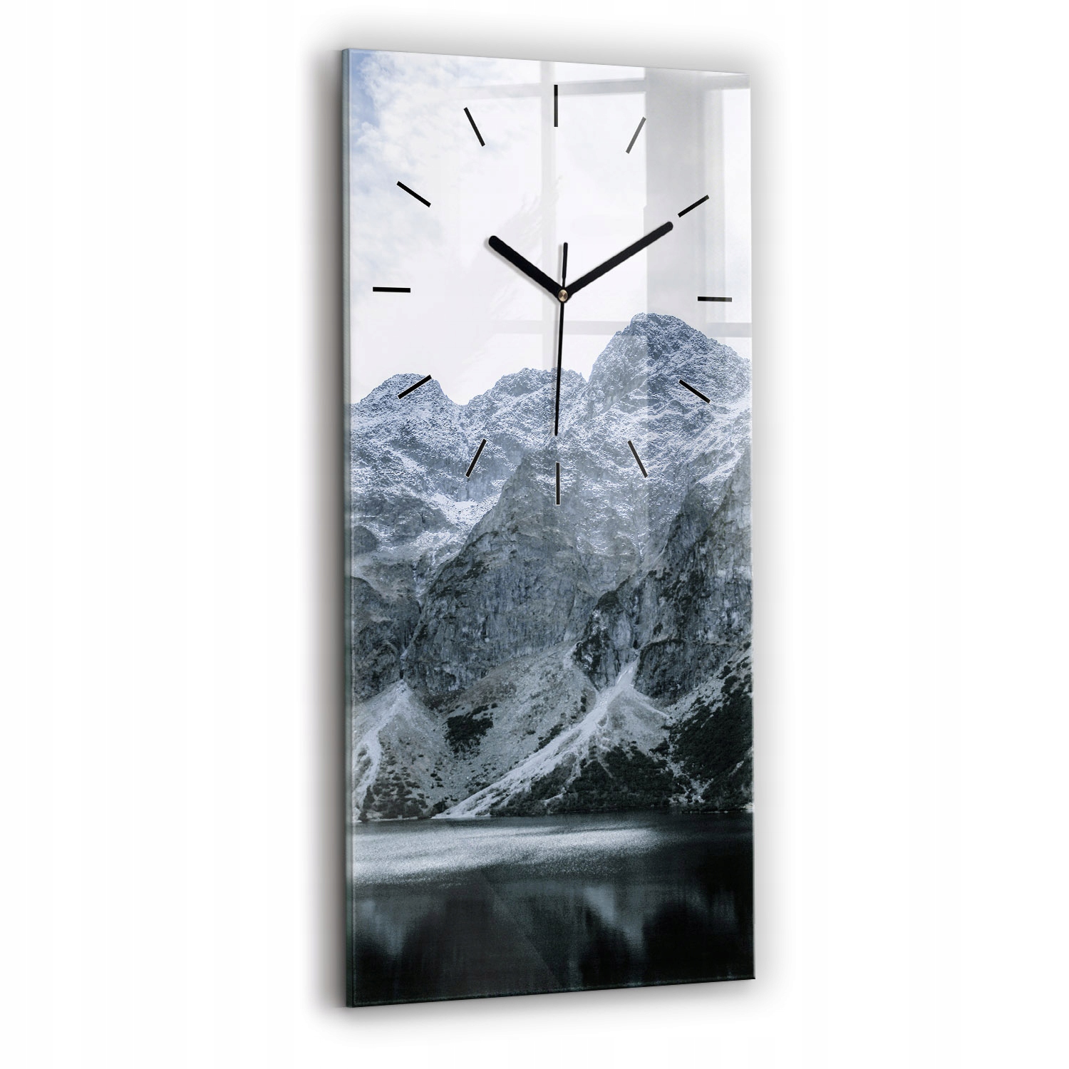 Velké skleněné hodiny do bytu s grafikou Mořské oko v Tatrách 30x60 cm