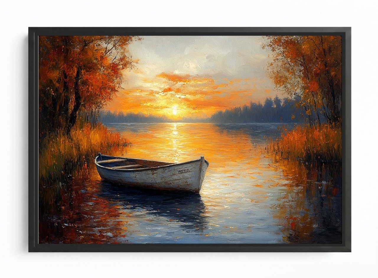 Obraz Rám Americký Box Krajina Jezero Loď Loďka Podzim Slunce 60x40