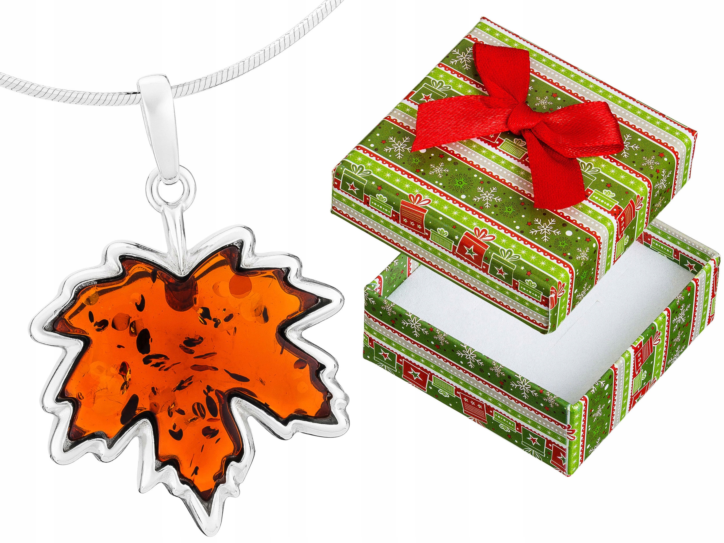 Dlouhý Stříbrný Dámský Náhrdelník s Jantarem Velký Javorový List Jantar 70 cm