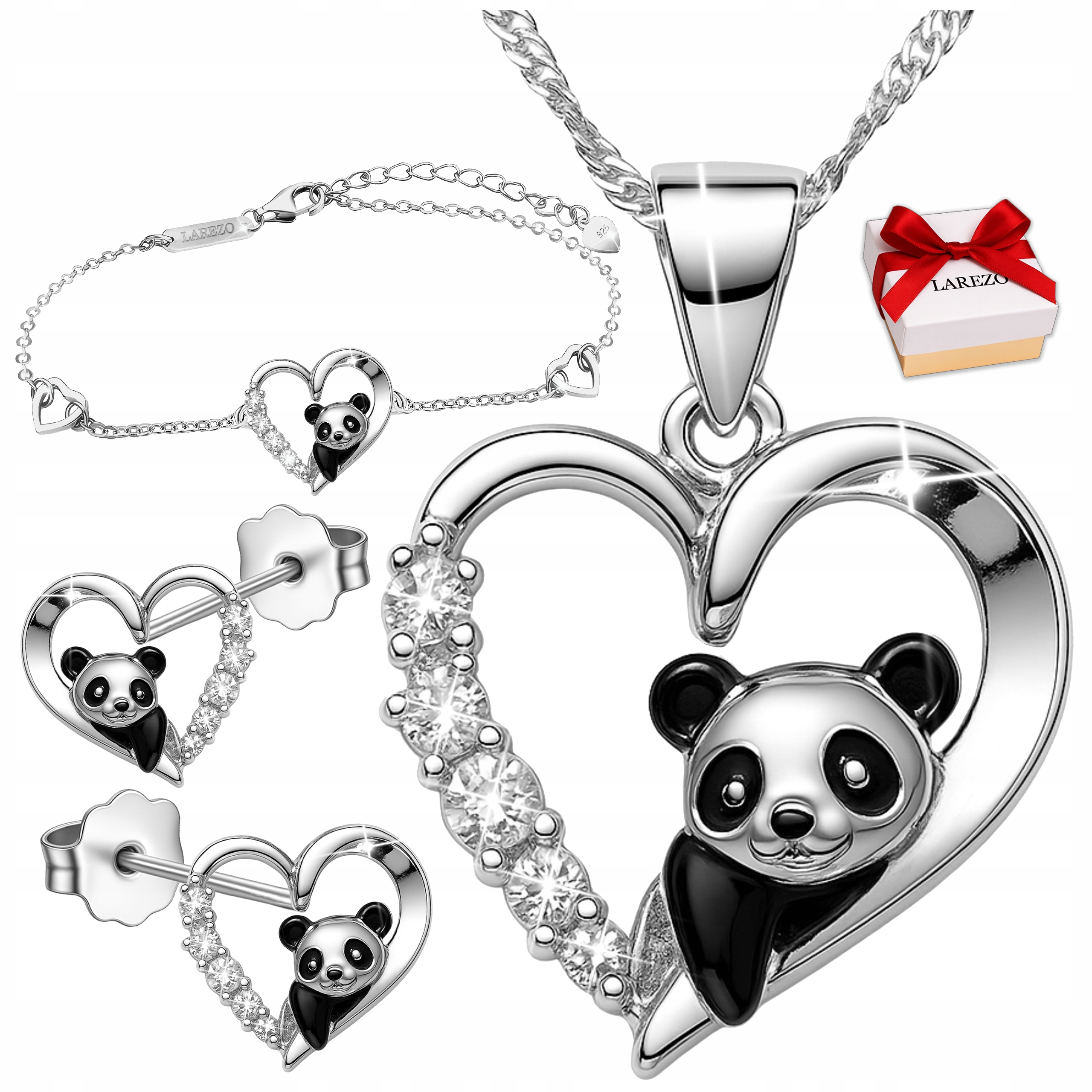 Sada Náhrdelník Náušnice Náramek Set Panda Pandy Stříbrná Srdce