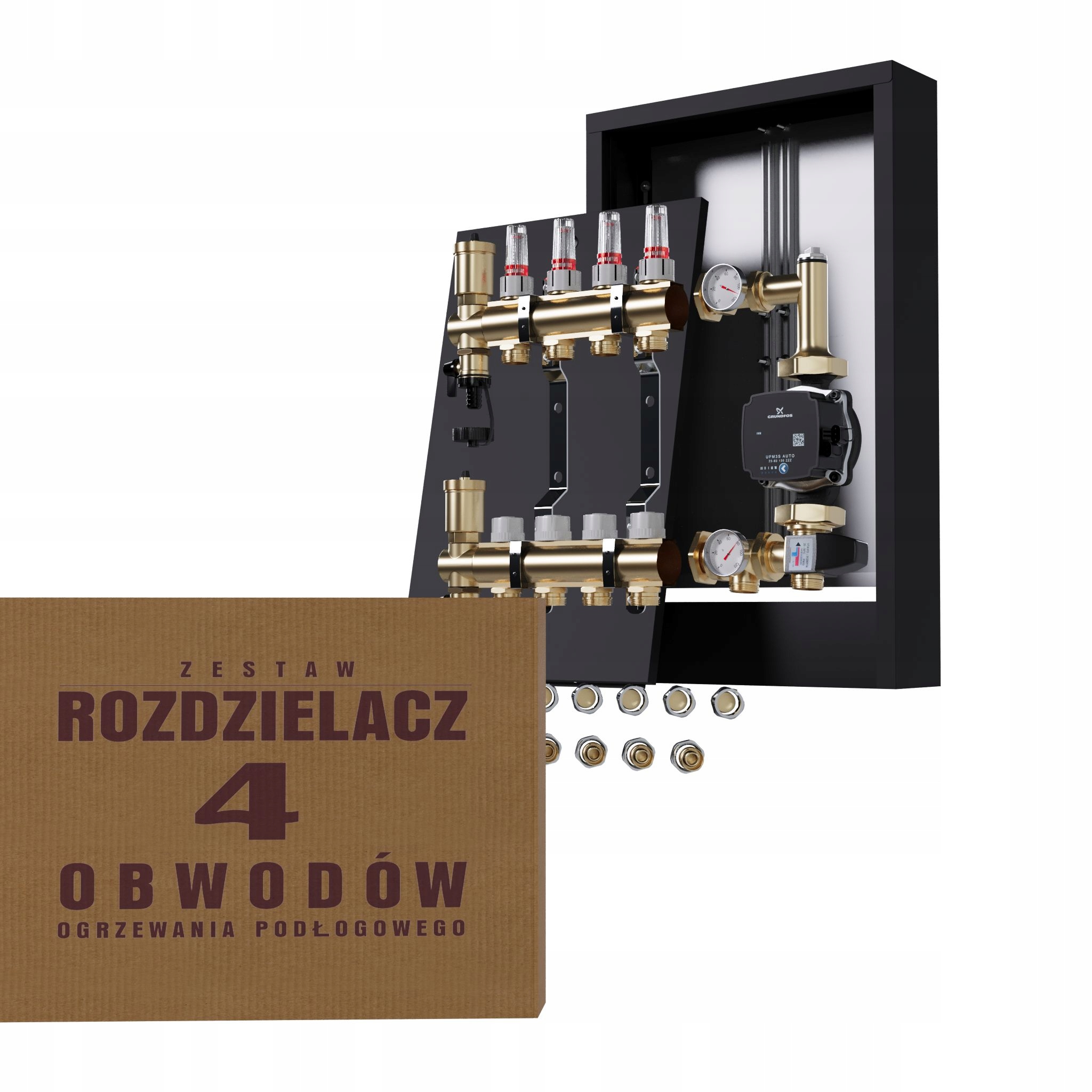 Rozdělovač pro podlahu 4 s spojkami, čerpadlo Grundfos nástěnná černá