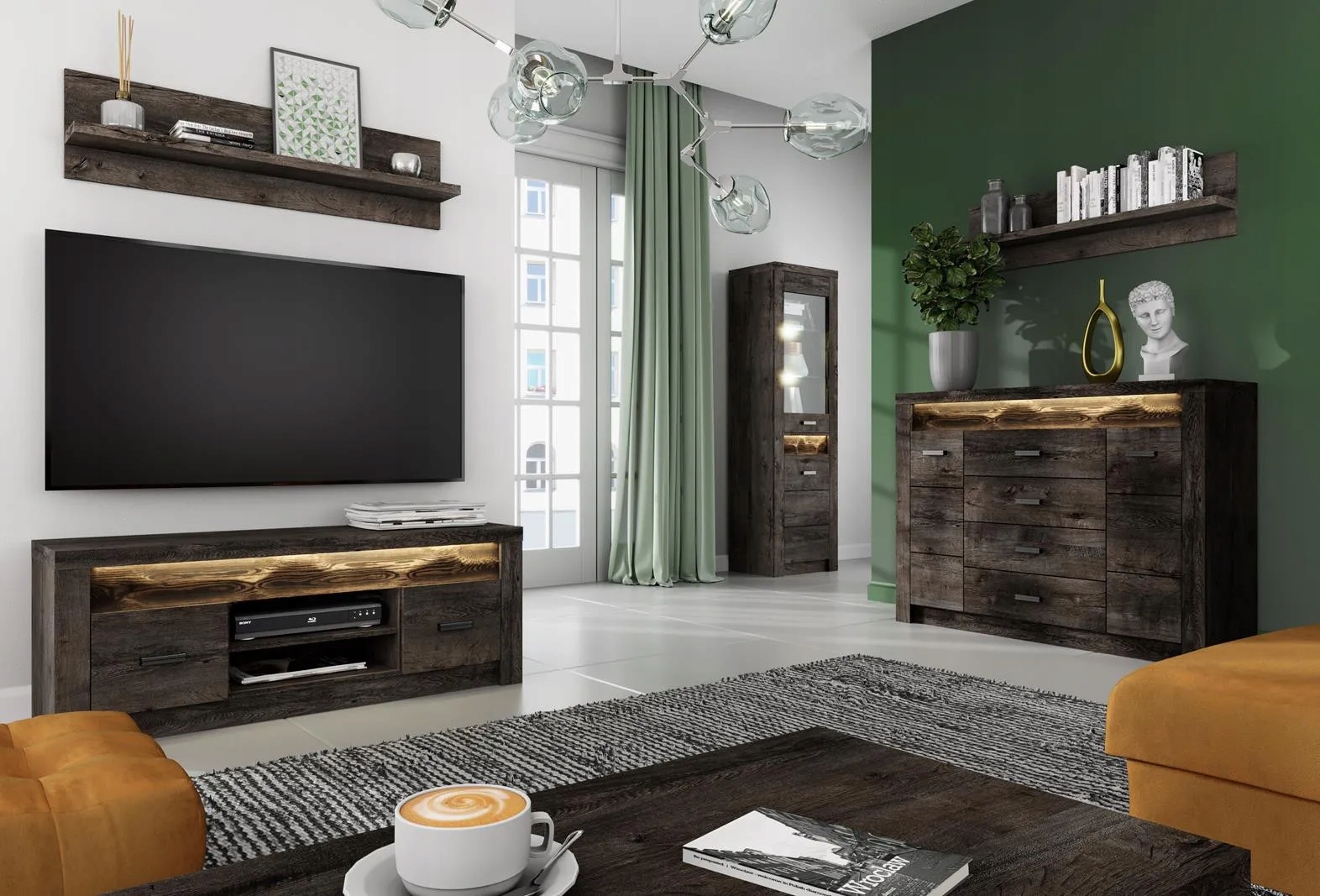 Witryna z oświetleniem LED szklane półki płytka INDIANAPOLIS jesion ciemny Kod producenta INDIANAP/I4/JES_CIEM