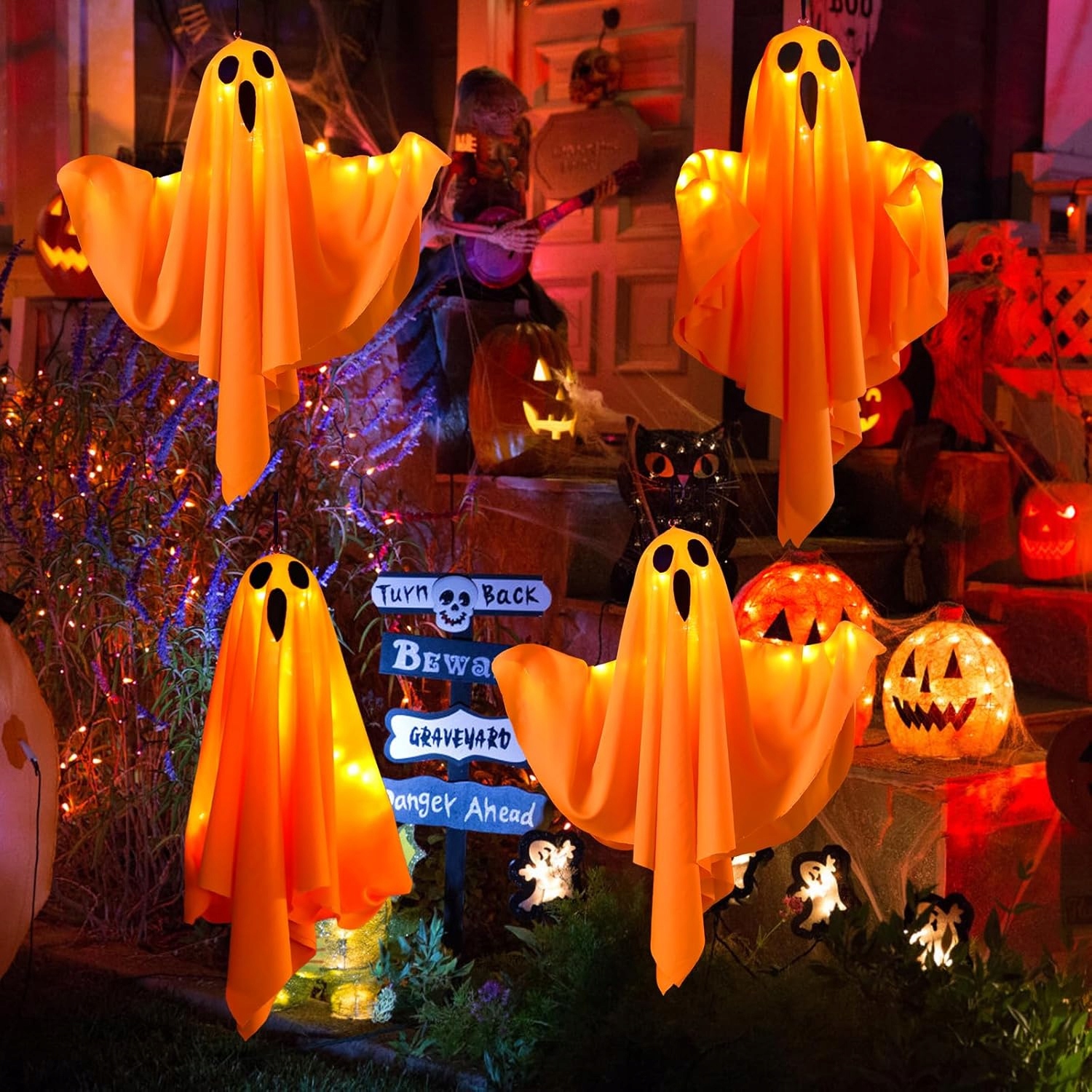 Led Halloweenské Závěsné Dekorace Důchů Světelné Venkovní Osvětlení 4 Kusy