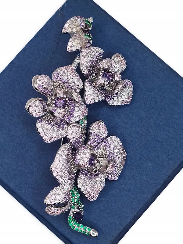 Luxusní Brož S Přívěskem, Květiny, Větička Fialová, Stříbrná, Krabička Dárek Větvička