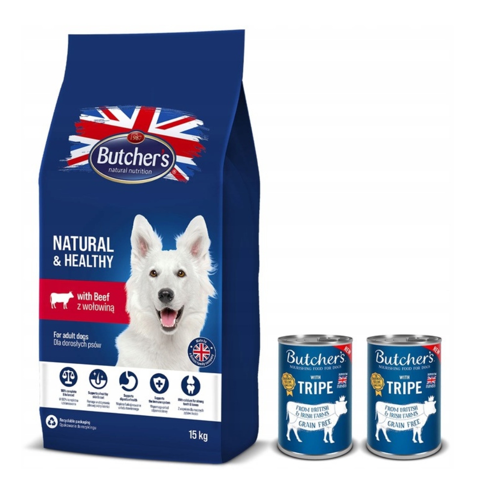 Levně Butcher's s hovězím masem 15 kg 2x Butcher's Tripe Mix s bachorovou paštikou 400 g