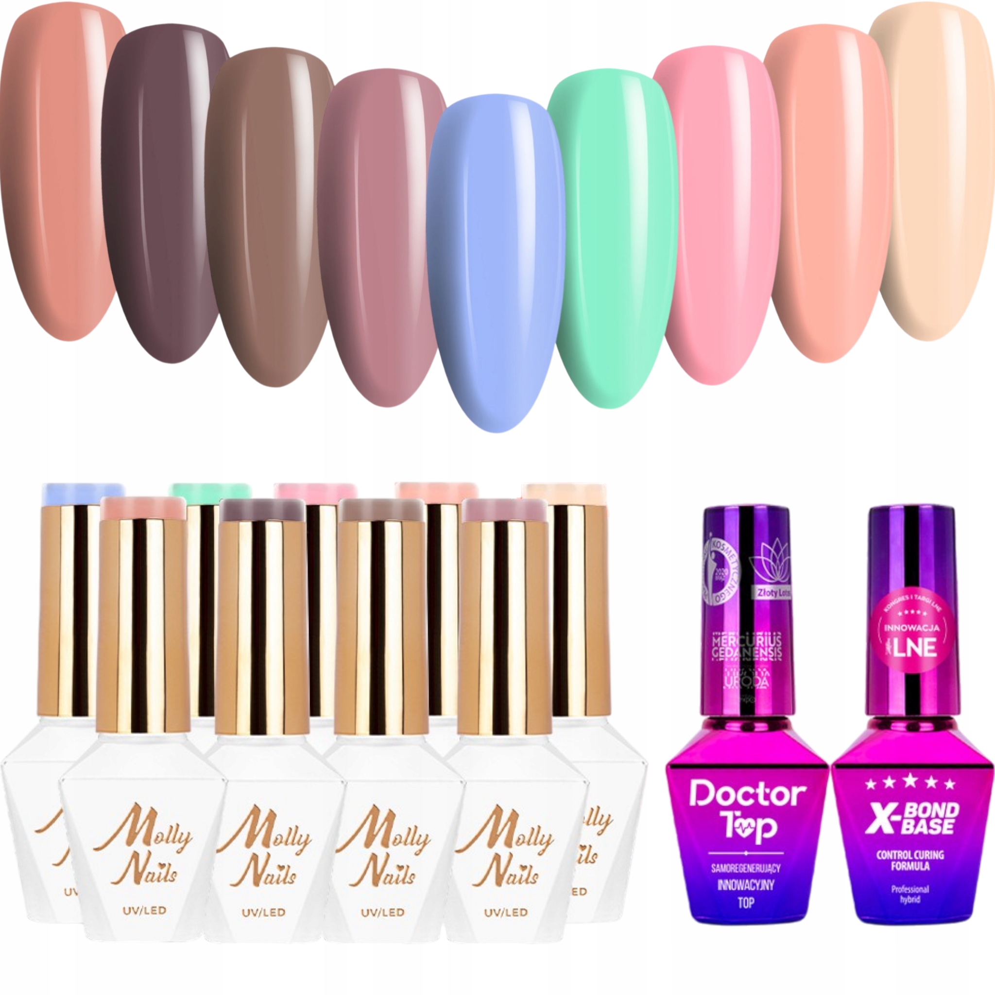 9 x Hybridní lak Mollynails 8 g Delicate Woman Báze Top Set