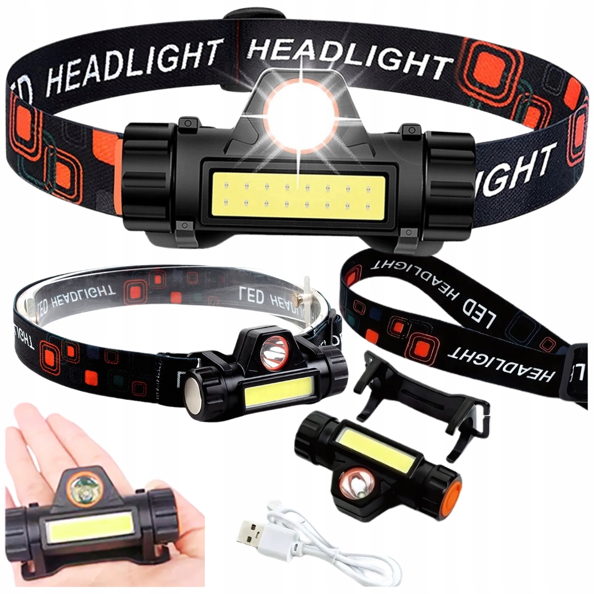 Latarka Czołowa 4w1 Cob Led Z Magnesem Usb Akumulatorowa Czołówka Mocna