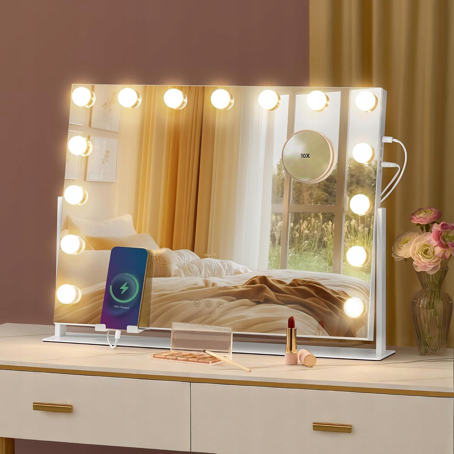 Songmics Lustro Kosmetyczne Led 15 Żarówek Usb 10X Białe