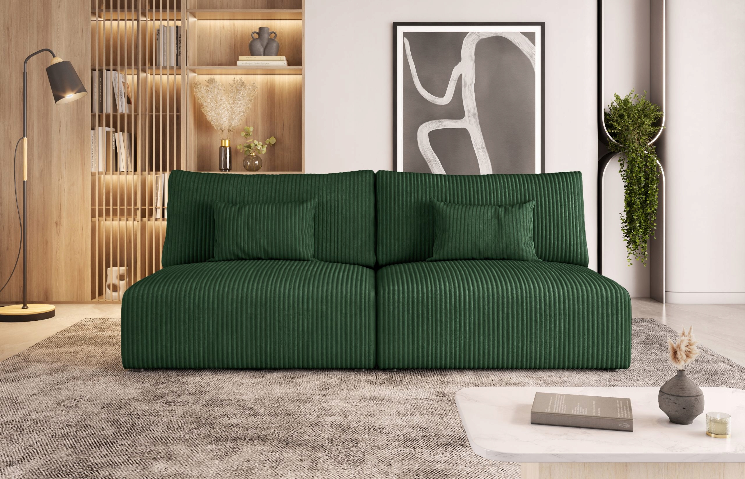 Zelená malá pohovka pro každodenní spaní Modulo s vlnitými pružinami.