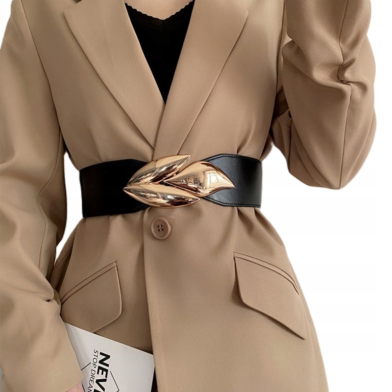 PASEK DAMSKI JASNY BEŻOWY KAWOWY LIŚĆ ELASTYCZNY ZŁOTY 90-115CM Marka inna