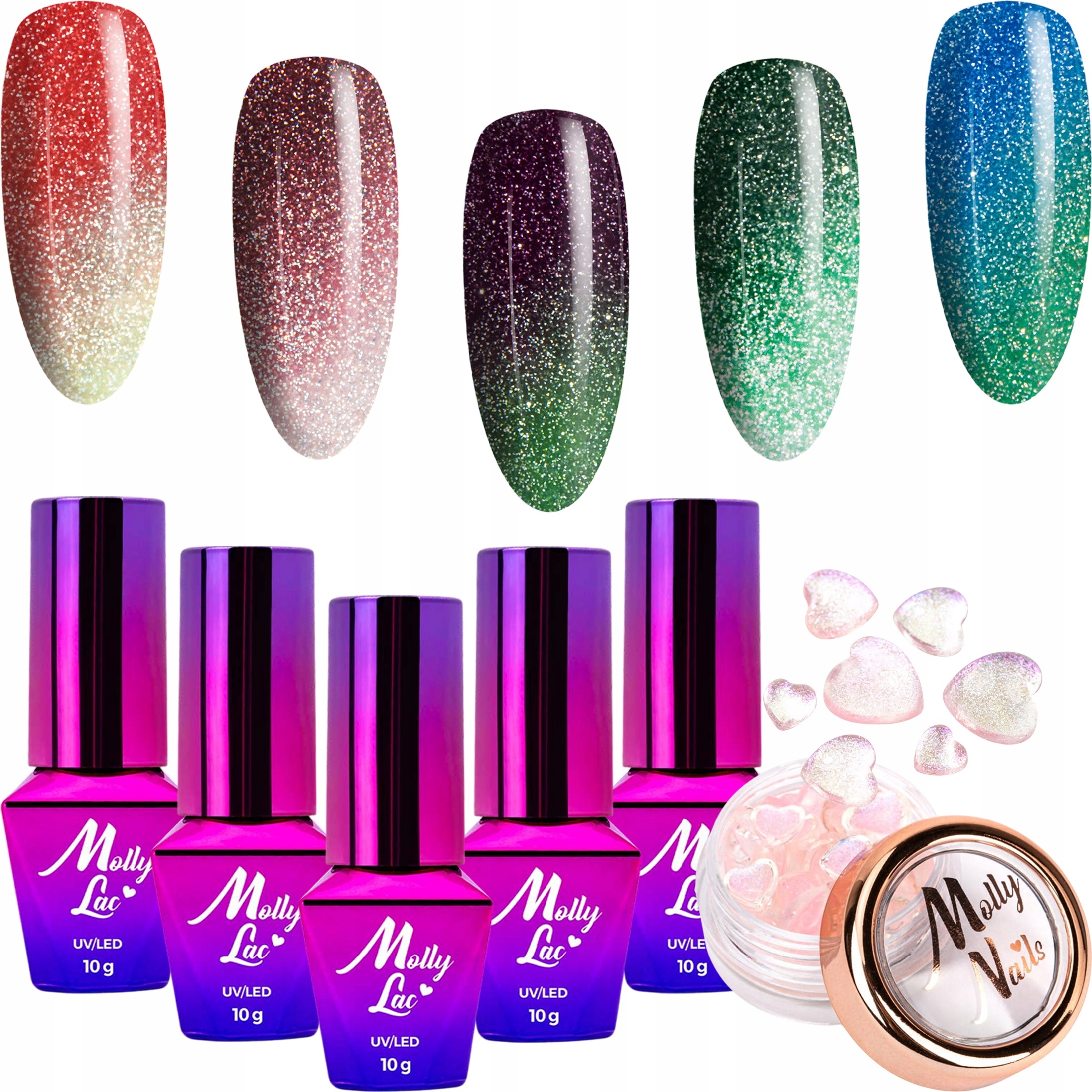 5x Lakier Hybrydowy Mollylac Thermo 10g Zestaw Flashing Ozdoby Serca