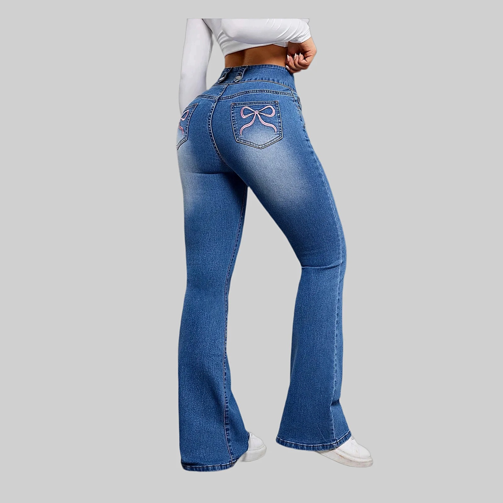 Jeansy Zvony bootcut s vyšívanými mašličkami modré Tall Xs 34