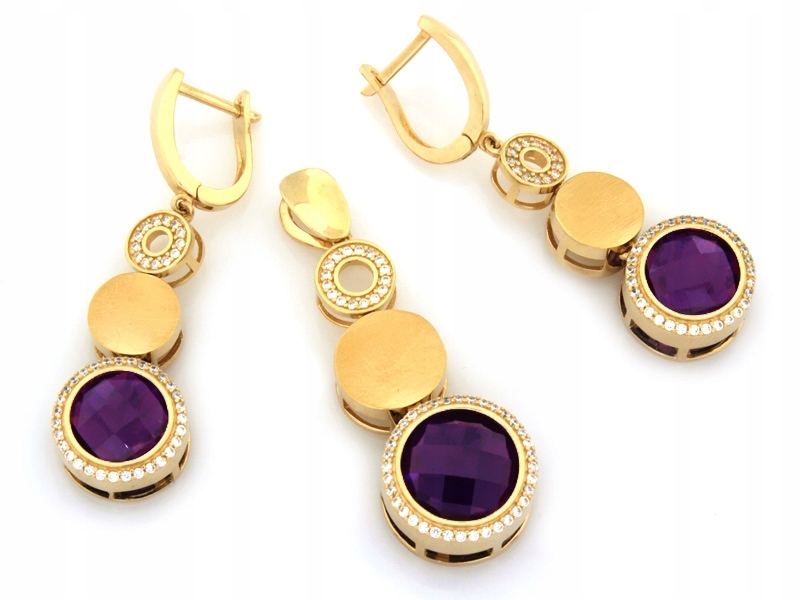Zlatý komplet 585 náušnice a přívěsek s fialovou zirkonií 21.35g dárek