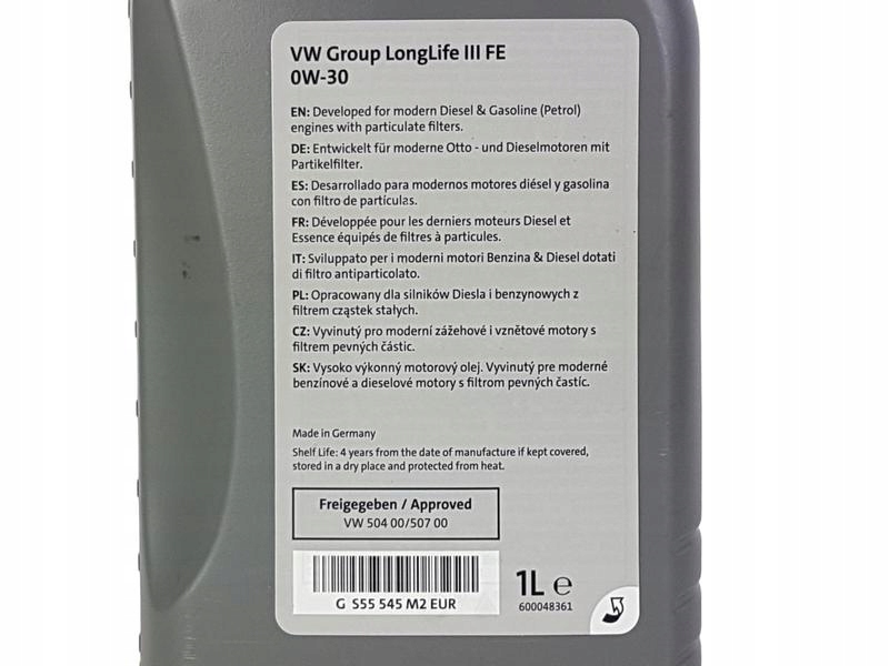 OE VAG LONGLIFE III FE 0W30 7L+FILTR OLEJU OE671/4 Klasa lepkości SAE 0W-30