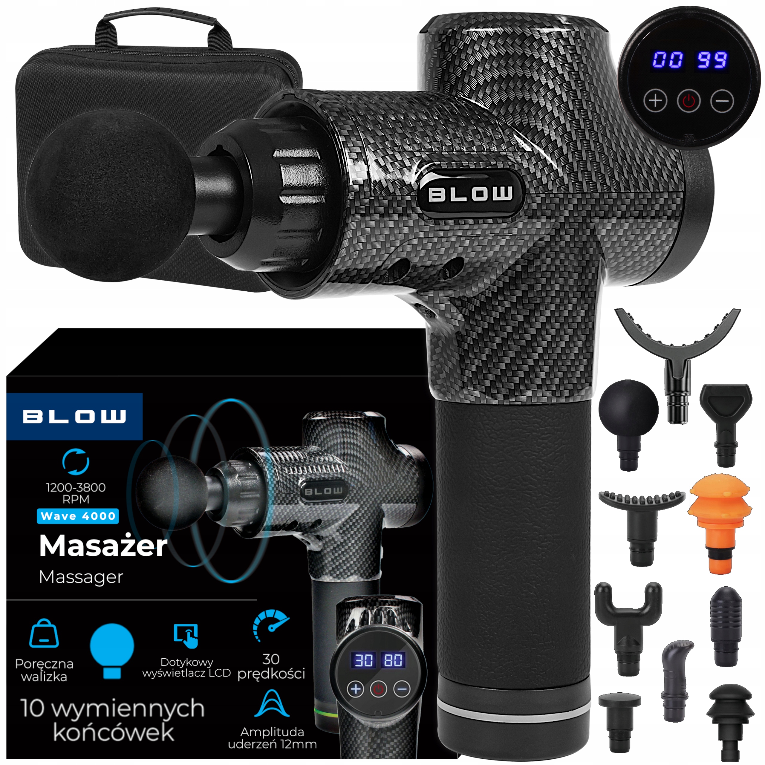 PISTOLET DO MASAŻU PLECÓW CIAŁA STÓP MASSAGE GUN MASAŻER 10 KOŃCÓWEK ZESTAW