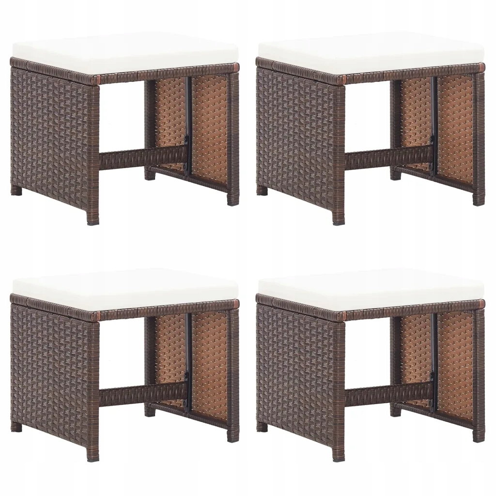 Sada 4 zahradních stolků s polštáři, Pe ratan, Ocel, 40,5 x 40,5 x 35 cm