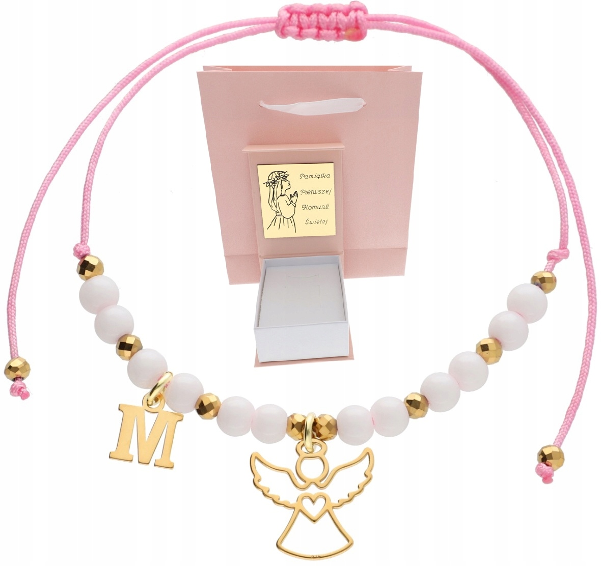 Zlatý náramek na svaté přijímání pro holčičku Anděl Písmenko provázek Gravírování