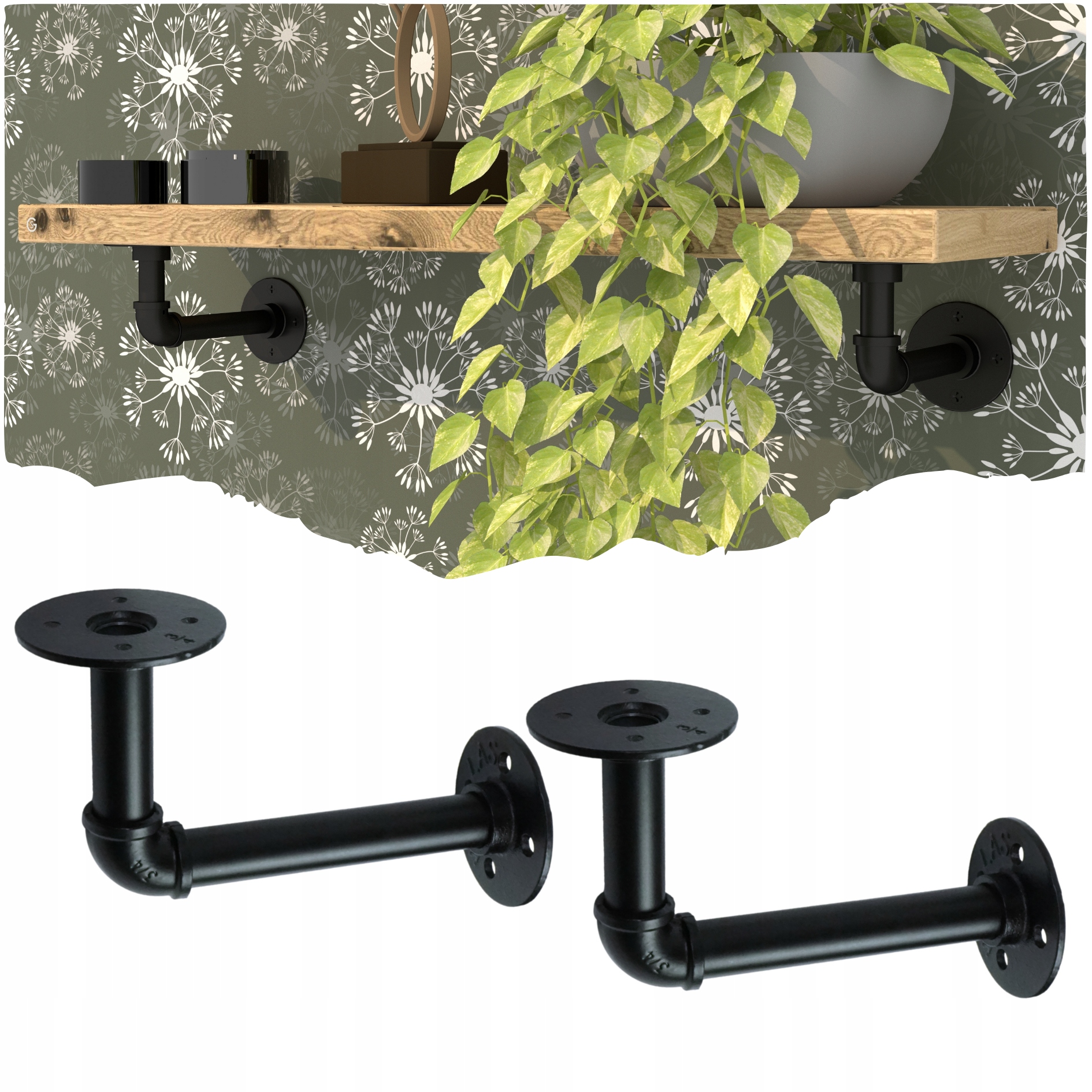 Držák pro nástěnnou poličku s rozměrem 230 x 156 mm, trubka, loft, industriální