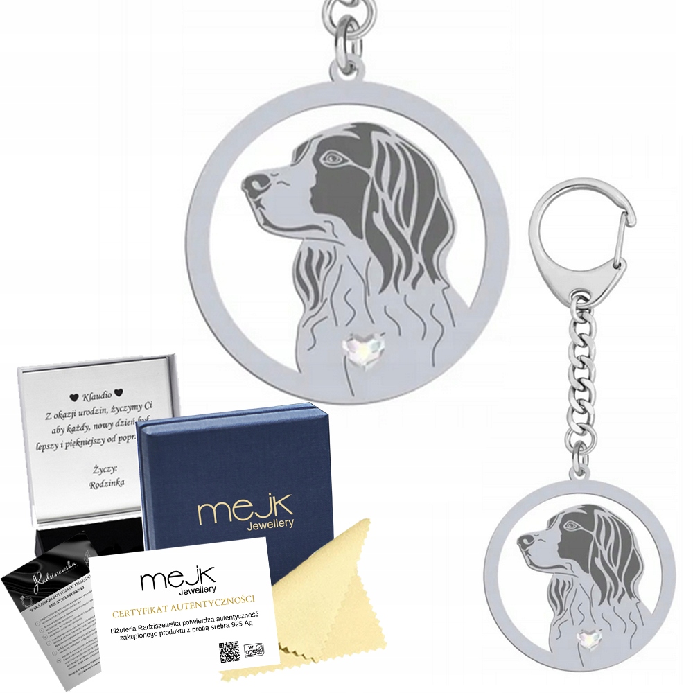 Přívěsek Na Klíče Stříbrný s irským setrem Irský červeno-bílý 925 Žena s gravírováním