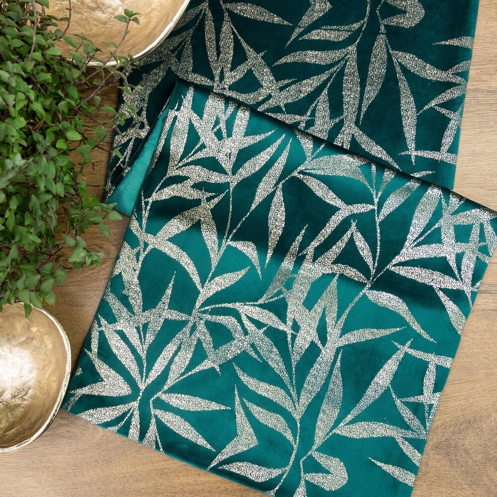 Bieżnik welwetowy 35X220 c. turkusowy w modny złoty nadruk liści Długość 220 cm