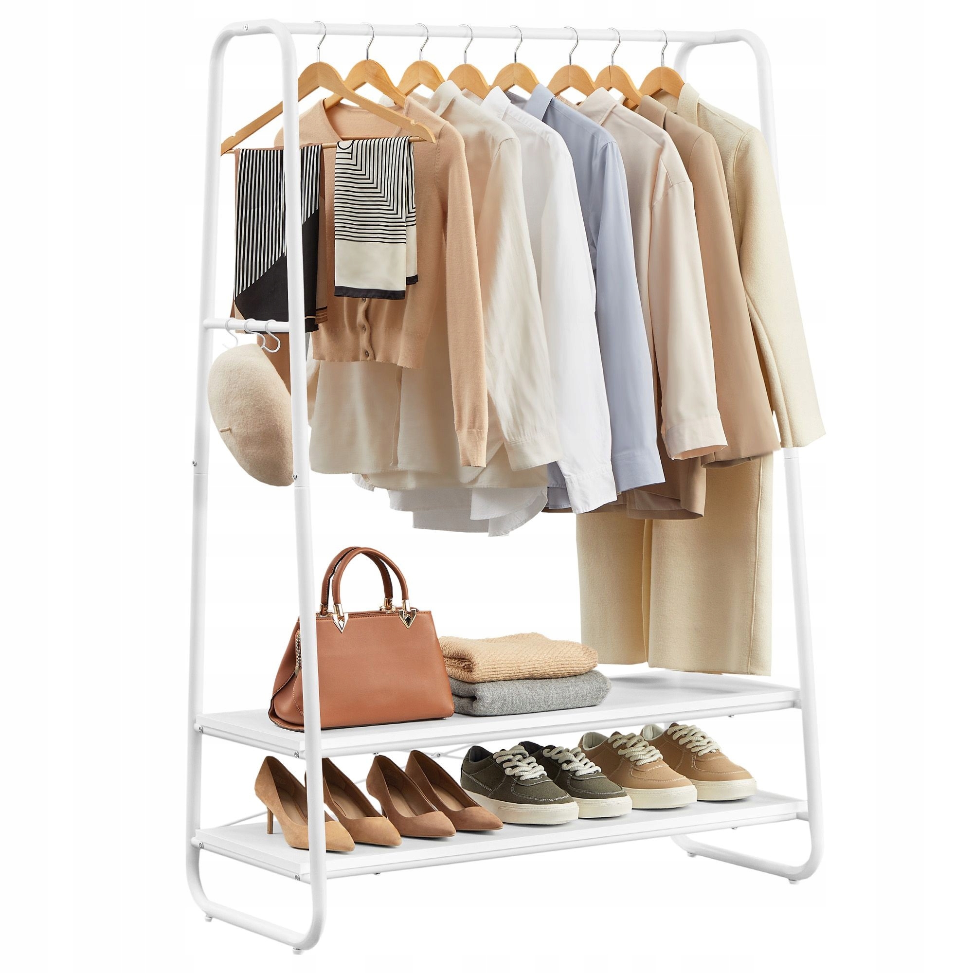 Praktická stojaca šatníková skriňa, vešiak na oblečenie, lavička s 2 policami, biela