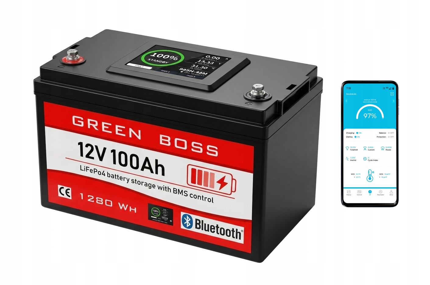 LiFePO4 baterie Green Boss Max 12V 100Ah , bluetooth , displej