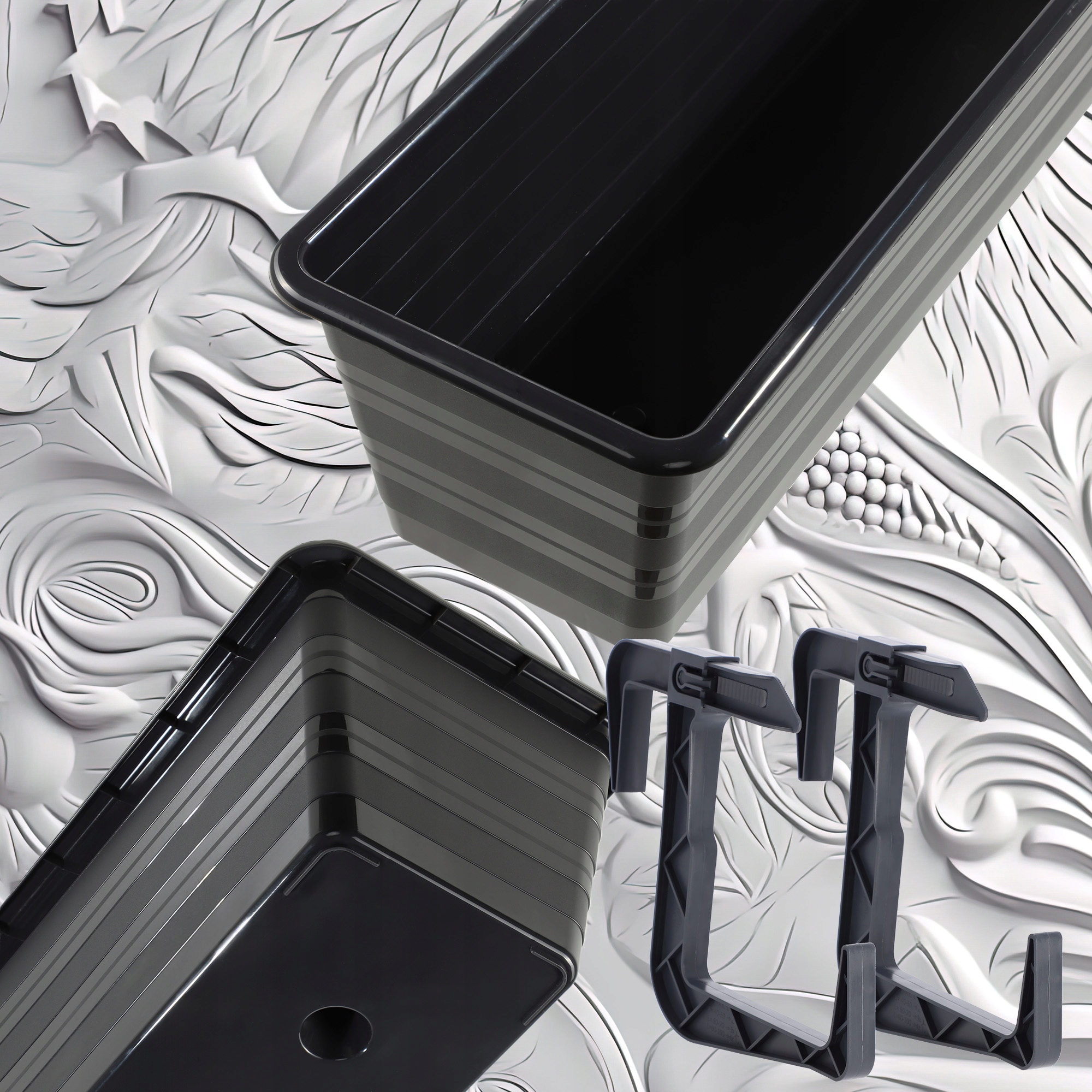 SKRZYNKA BALKONOWA DONICZKA Z UCHWYTAMI 60cm Kolor odcienie szarości i srebra