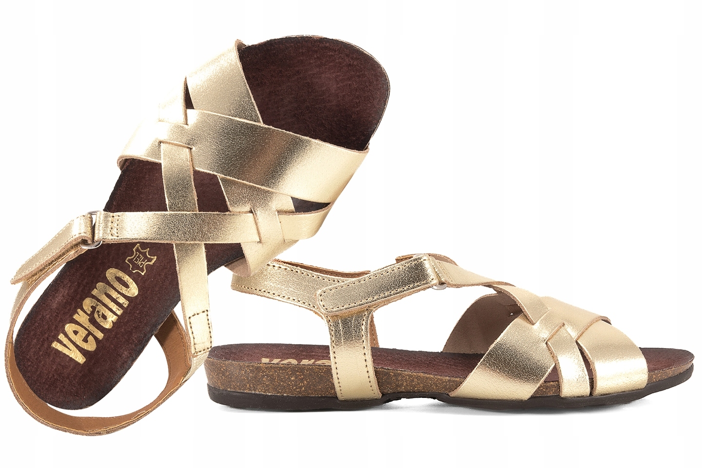Verano 674 Dámské Španělské Kožené Sandály Na Korku, zlaté, zlaté, 37