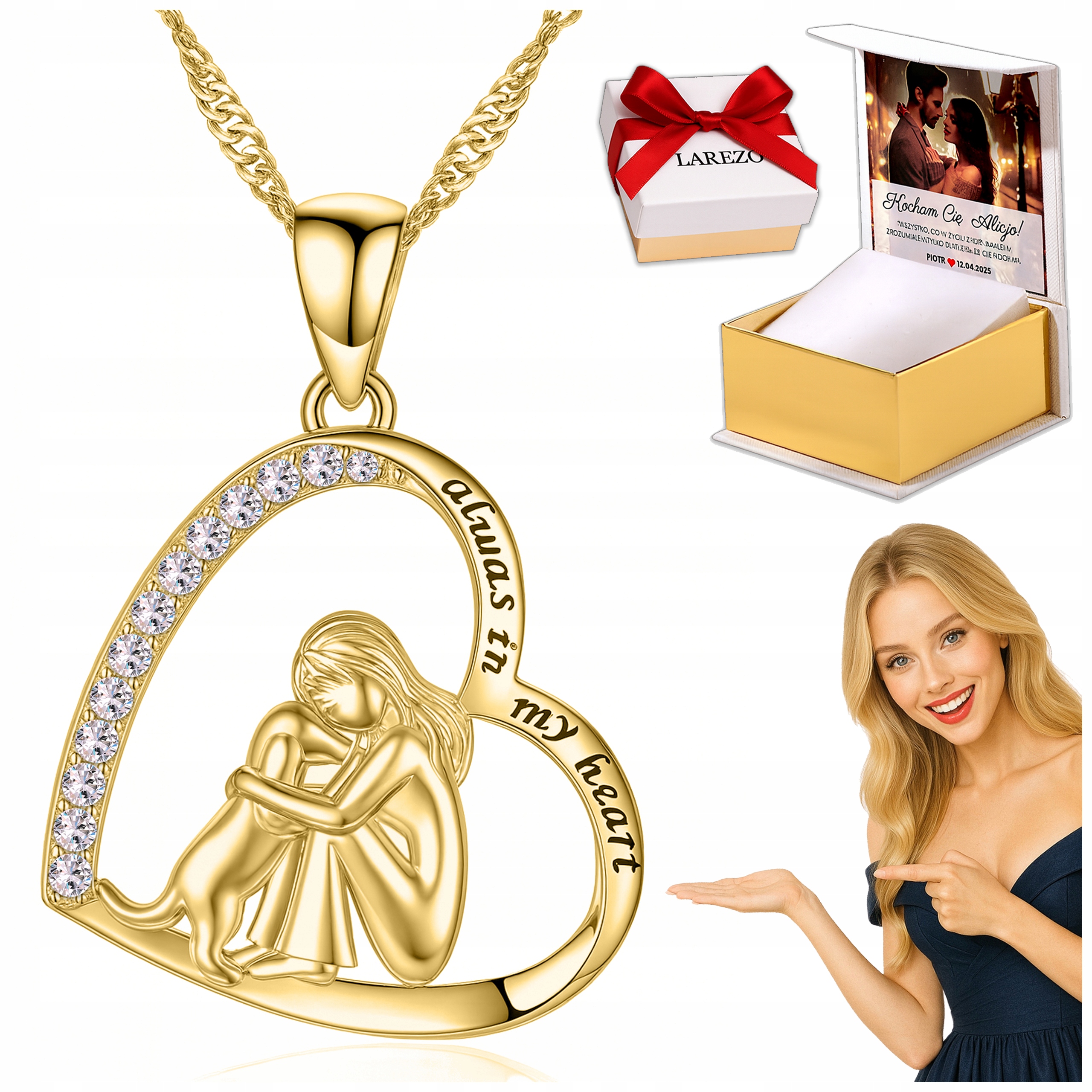 Zlatý náhrdelník 925 Srdce Dívka se psem Srdíčko Zirkony Pes Potisk