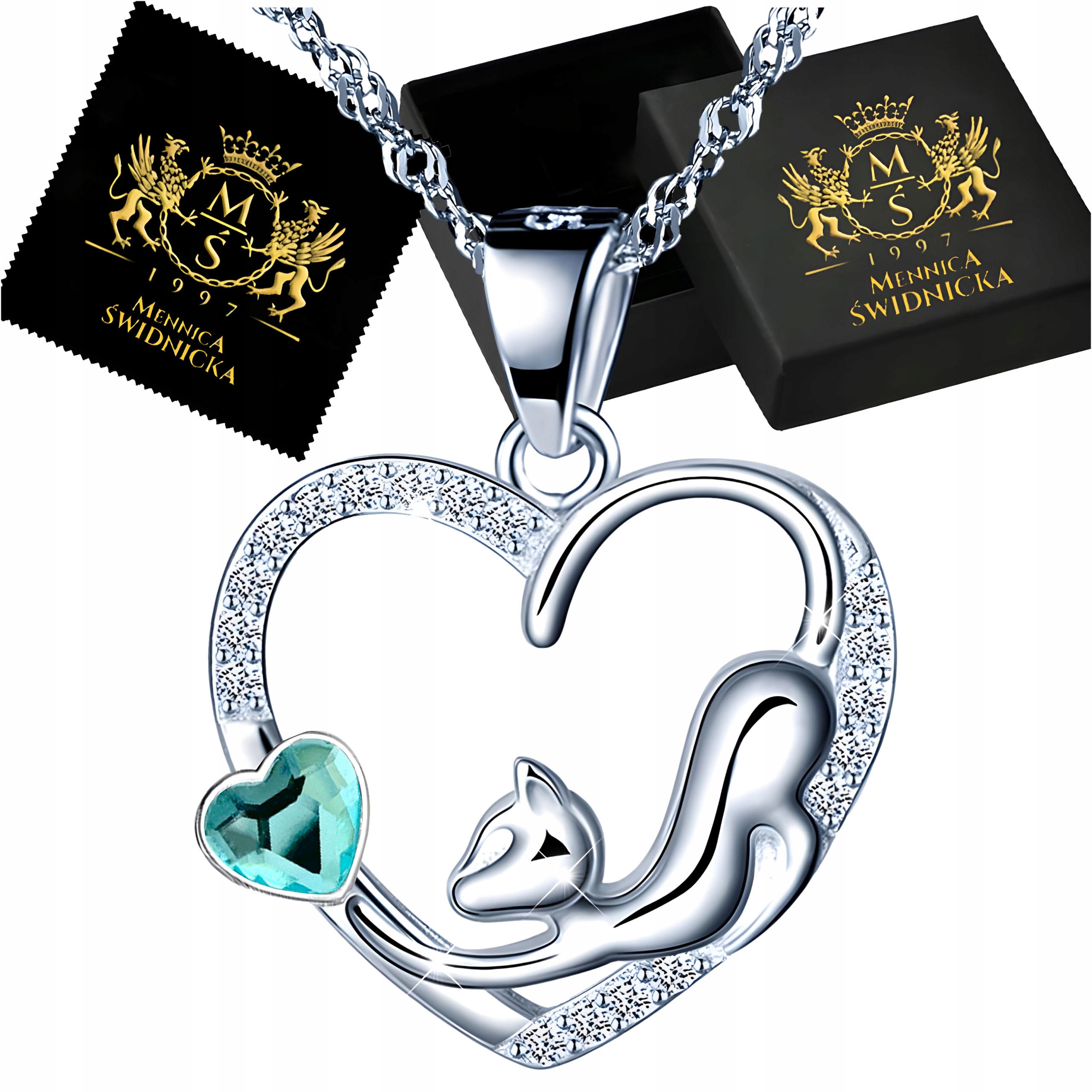 Stříbrný Náhrdelník Kočka Srdce Přívěsek Řetízek Dárek Pro Maminku Manželku Dceru