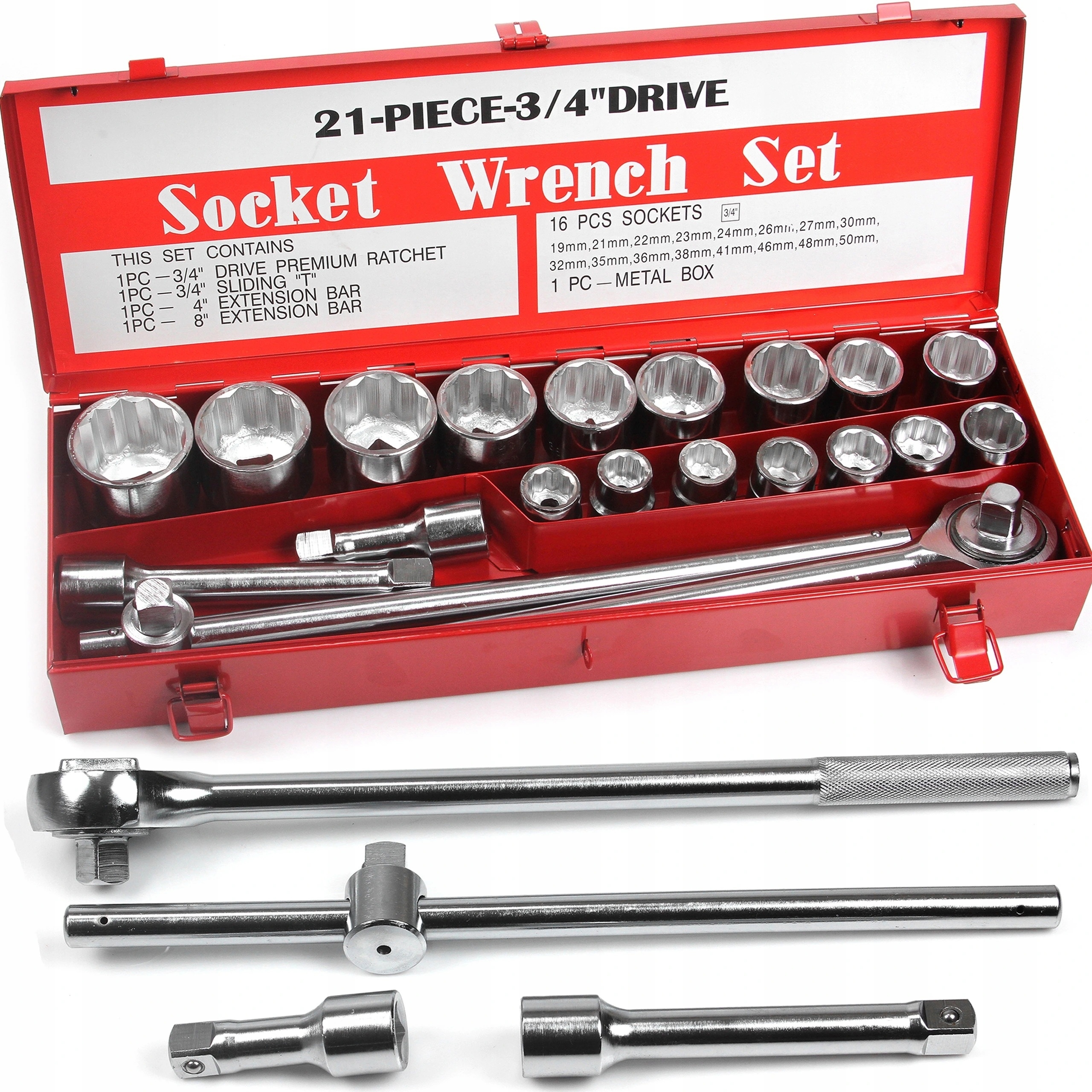 Nástrčné Kľúče 21 Elementov 19-50MM 3/4 Kovová Kufríková Súprava Tir Bus Silná