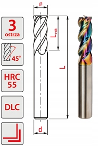 Frez węglikowy ALUMINIUM 3Z fi 16x45x100 55HRC DLC Twardość (HRC) 45