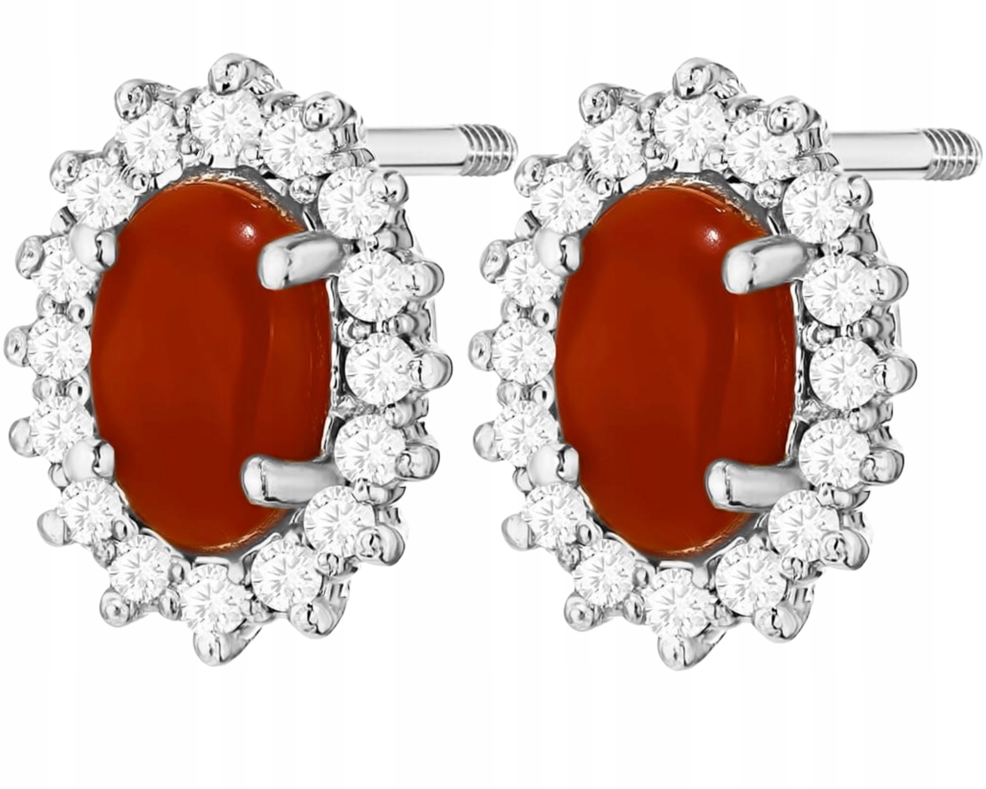 Bílé zlato náušnice s korálem a diamanty, šroubovací tyčinka, zlato 585 14k