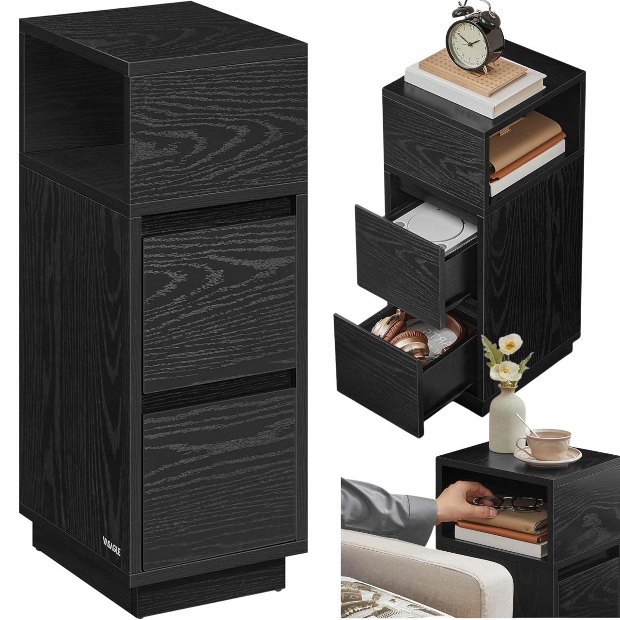 Úzky nočný stolík s bočnými zásuvkami a poličkou Malá čierna skrinka