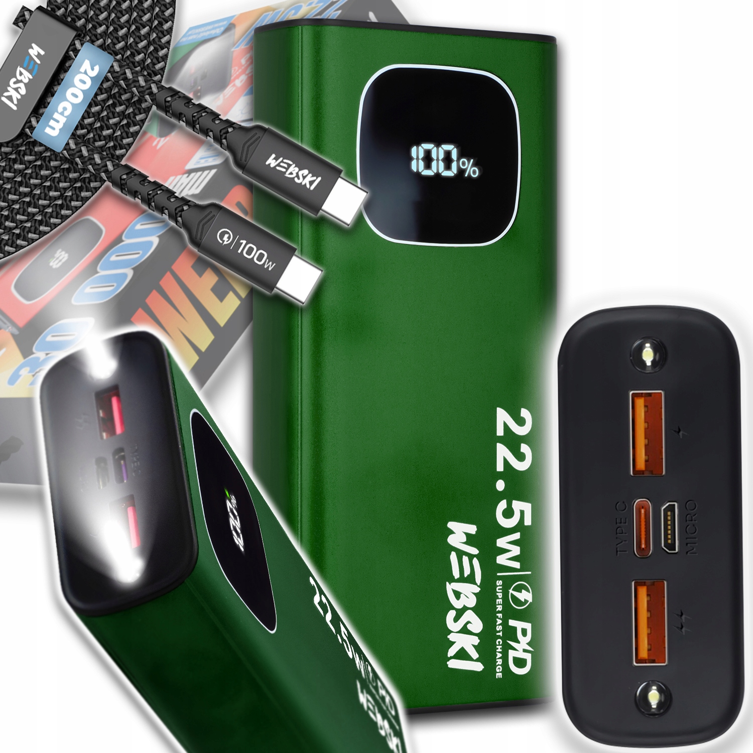 Powerbank 22,5W Rychlé Nabíjení Qc Pd Usb-c 2X Usb Usb-c/usb-c Kabel 2M