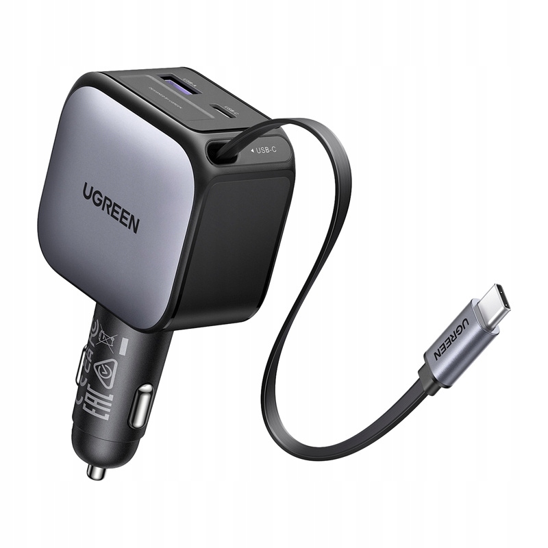 Ugreen Szybka Ładowarka Samochodowa 60W Zwijany Kabel Usb-c Usb-a 2 Porty