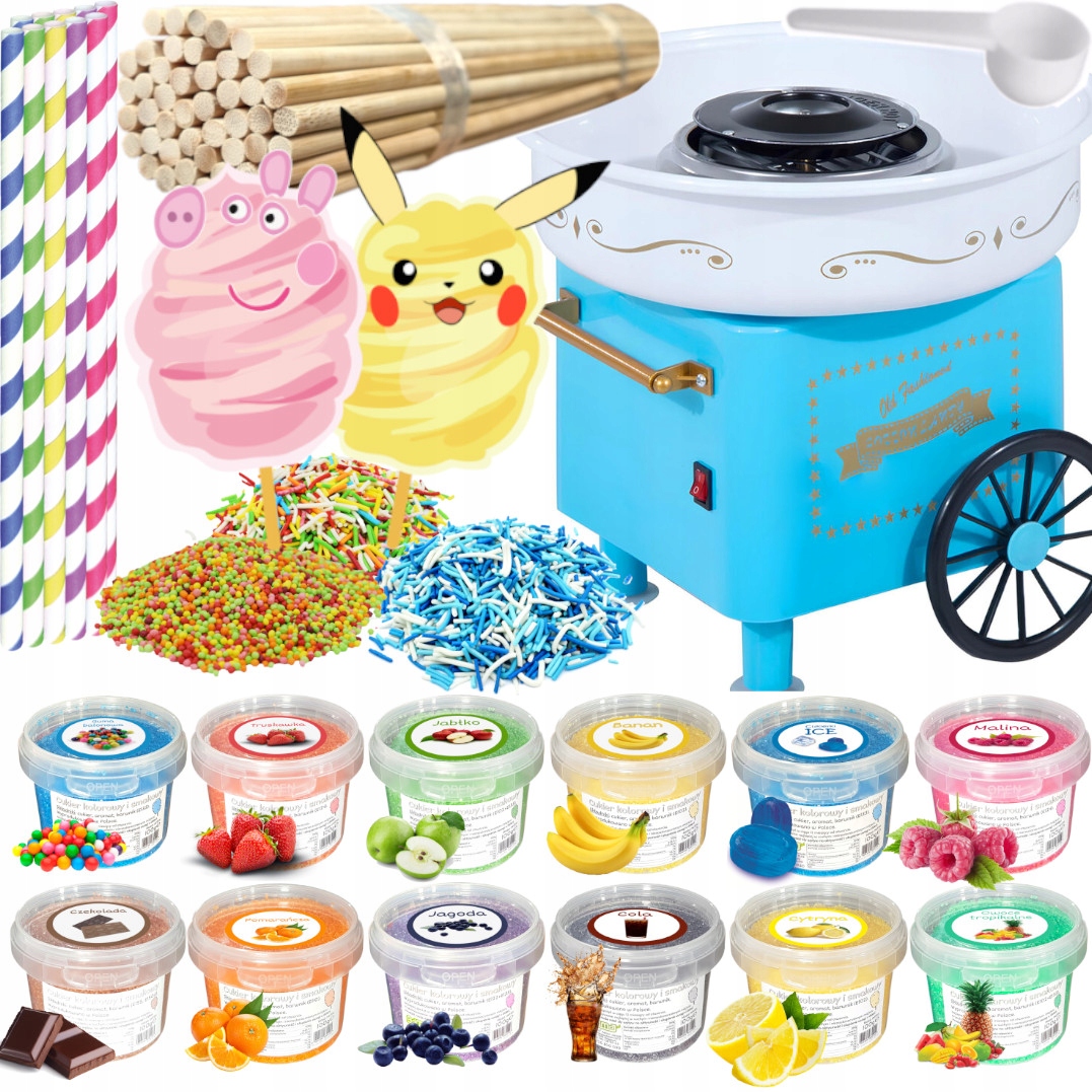 Sada Stroj na cukrovou vatu Cukr 12 x 100 g Kbelík tyčinky posypky