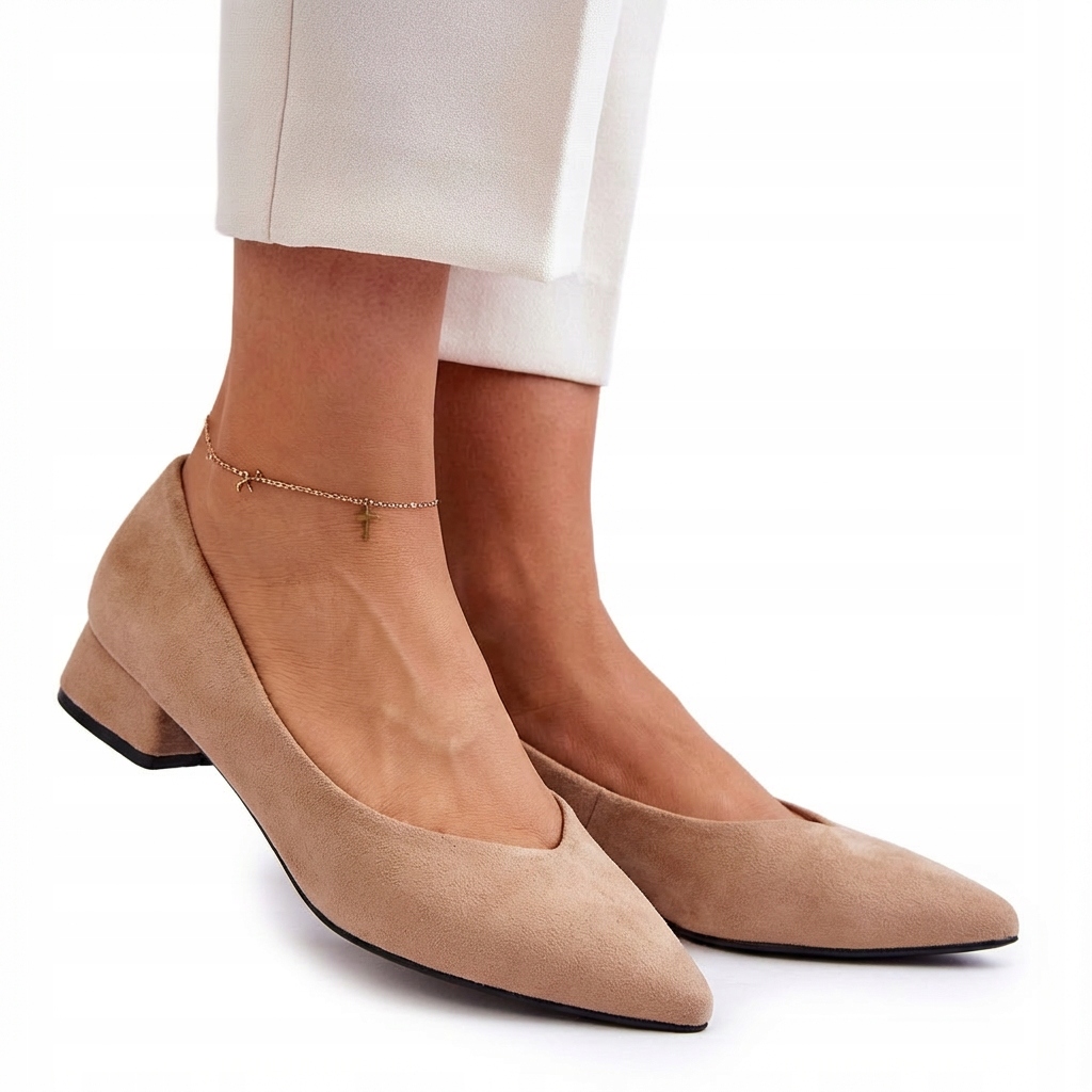 Beżowe Czółenka Damskie Na Niskim Obcasie T654 Buty Obcas Eko Zamszowe 38