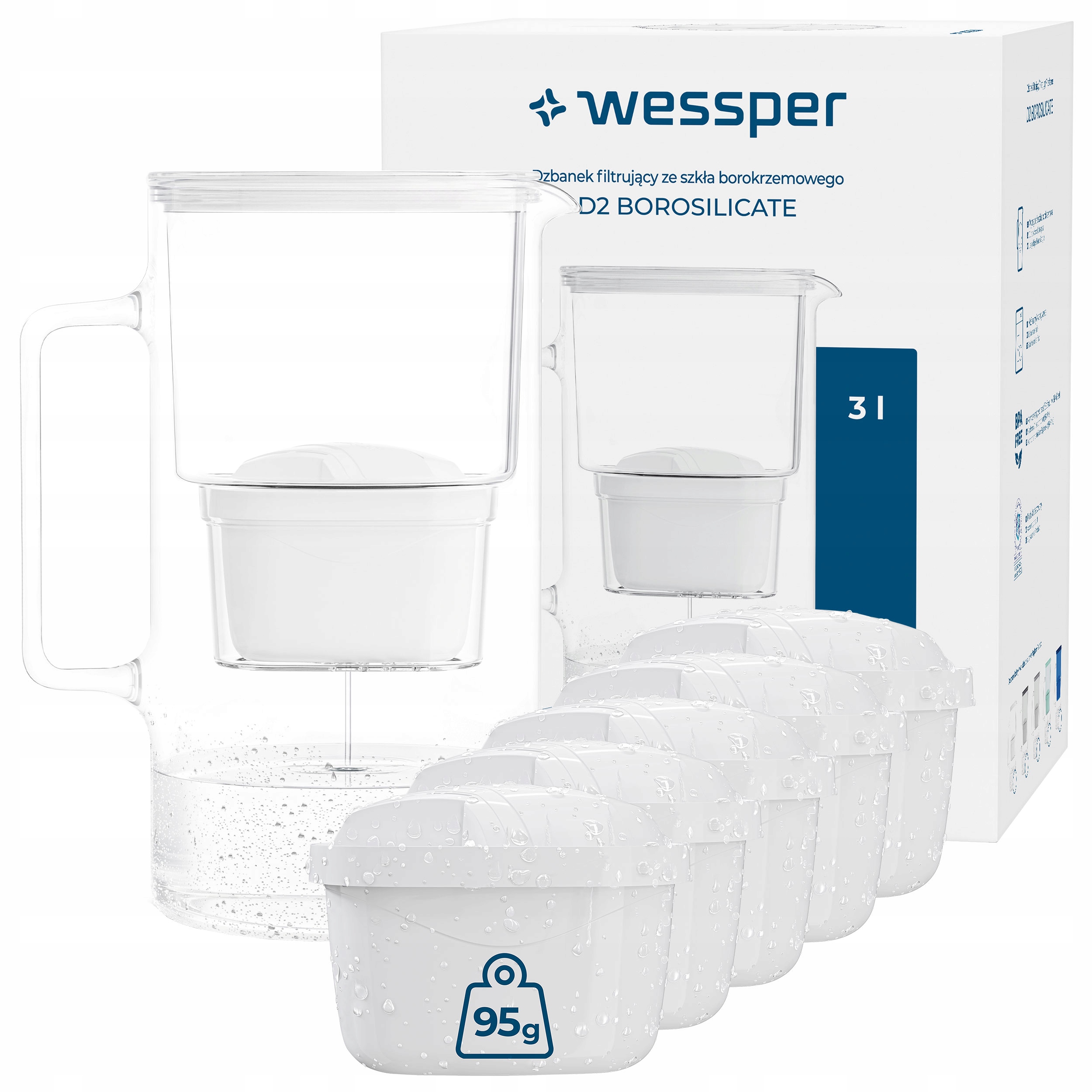 Szklany dzbanek filtrujący Wessper D2 Borosilicate 3l Biały 6x filtr