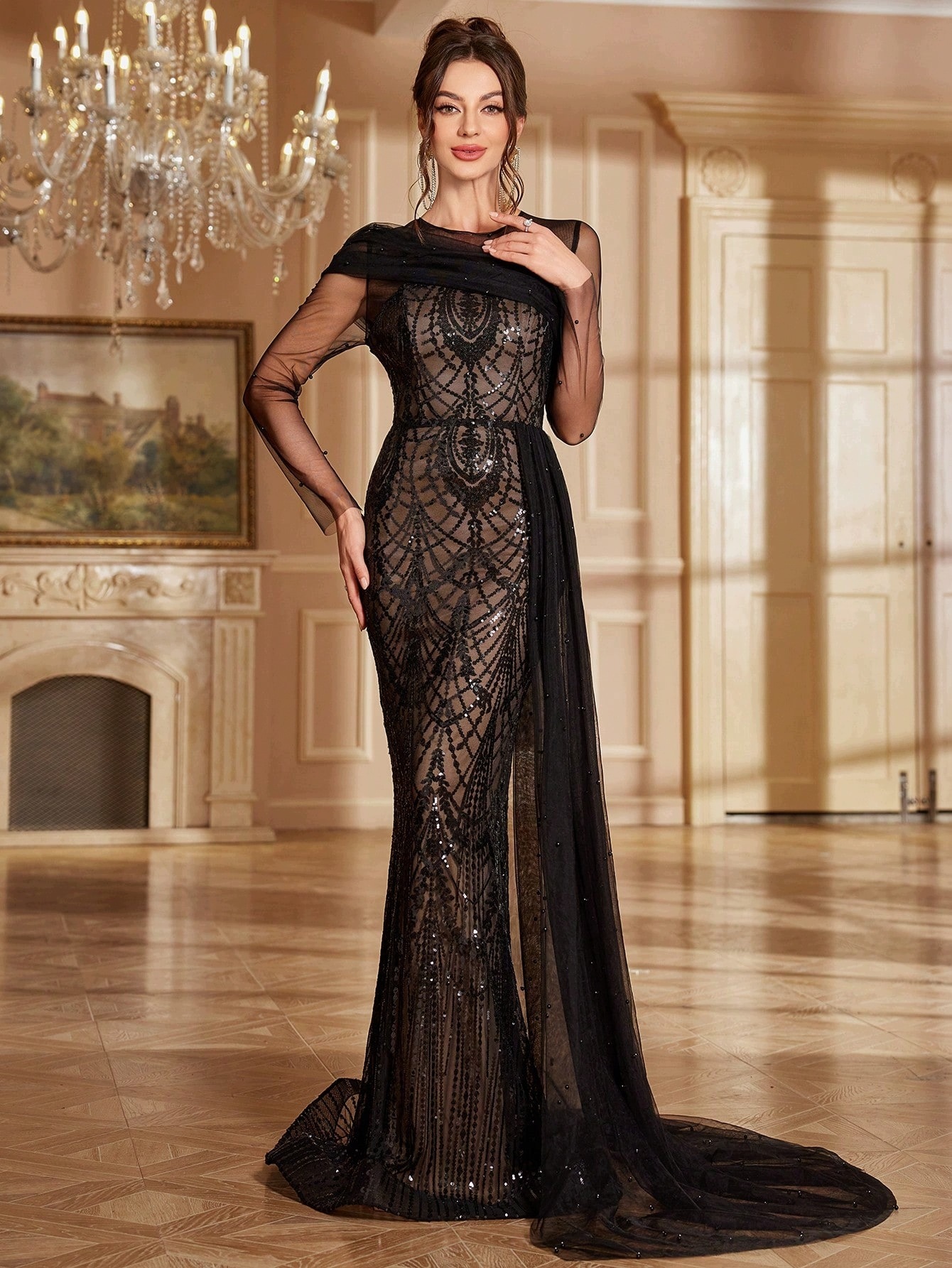 Shein Černá Elegantní Šaty S Flitry L 1M