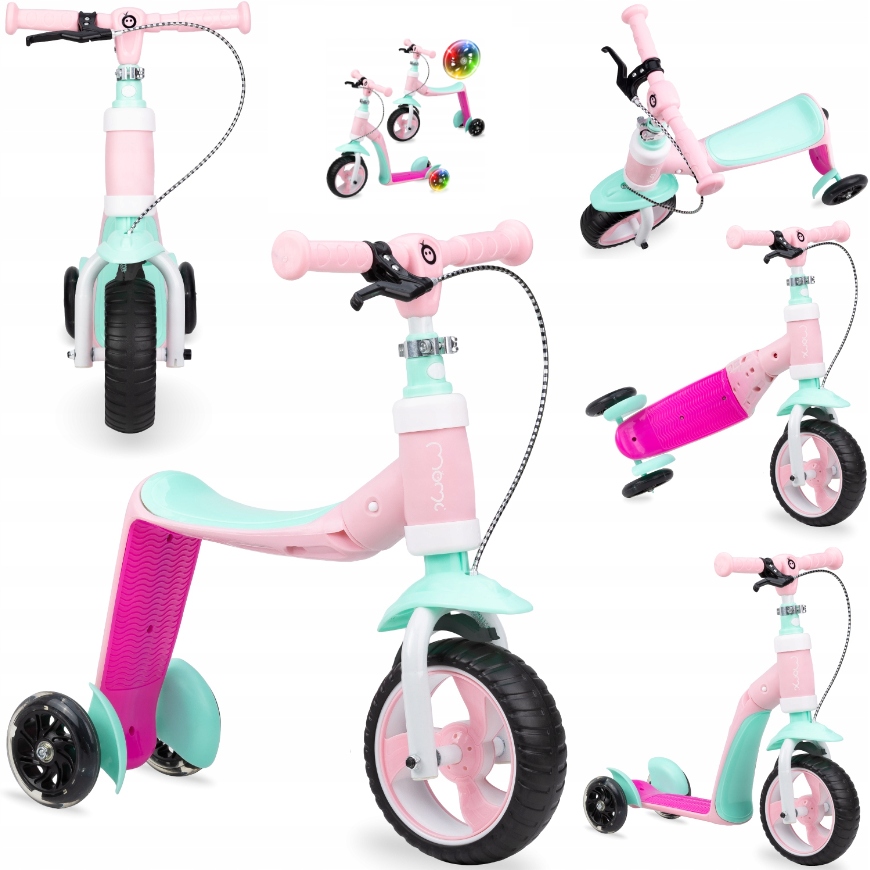 HULAJNOGA TRÓJKOŁOWA ROWEREK BIEGOWY 2w1 - MoMi ELIOS RÓŻOWY - LEKKI LED