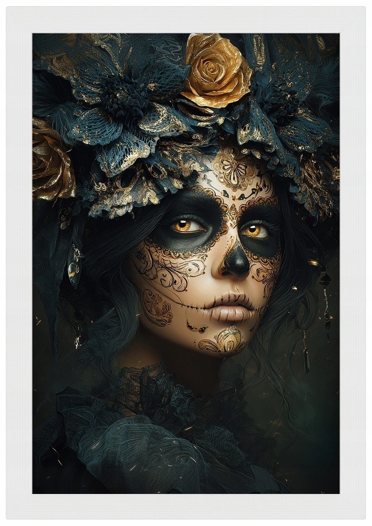Plakát Dřevěný Rámeček Dia De Los Muertos Catrina Zlaté Růže Art 40x60