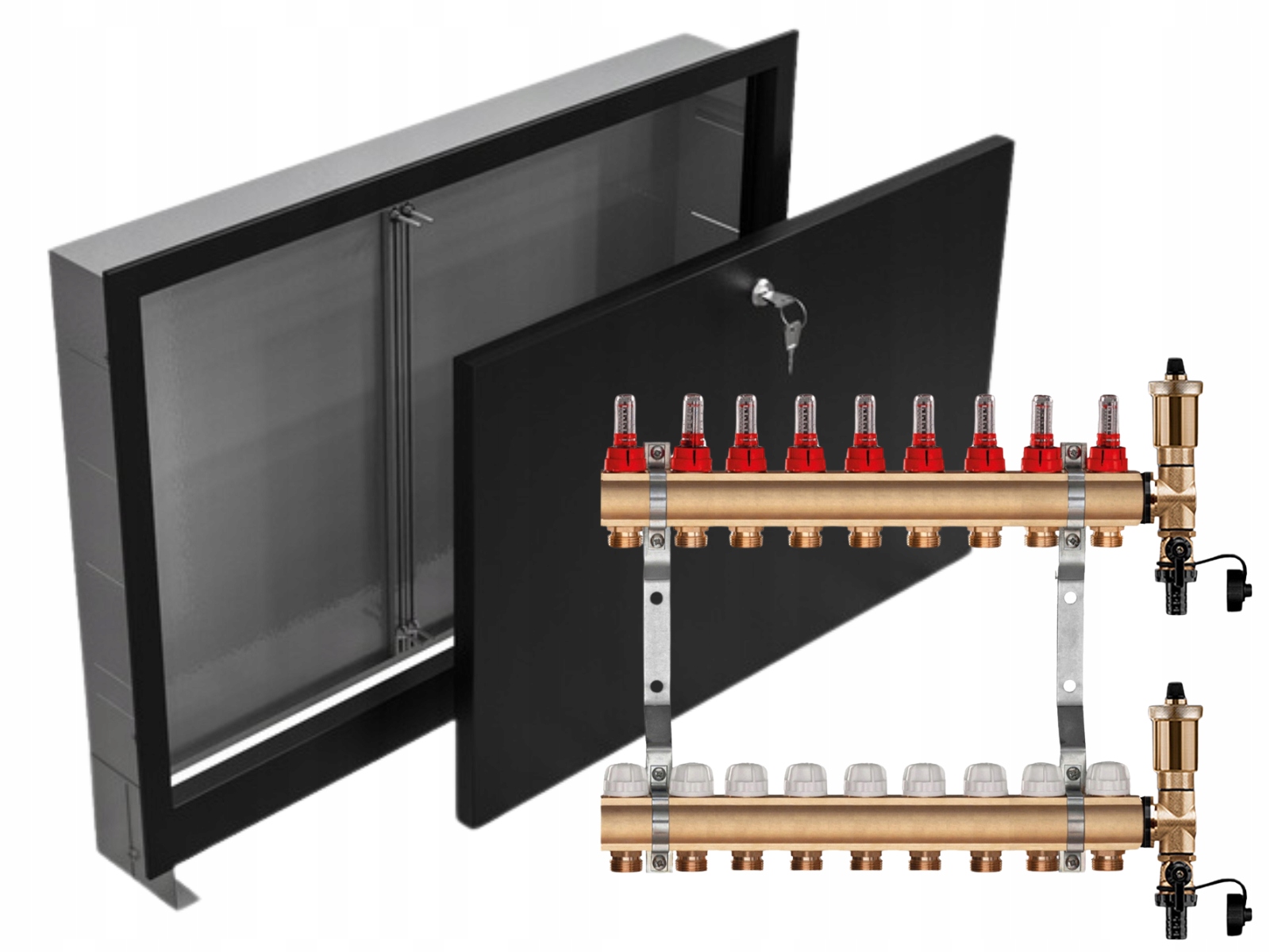 Mosazný Rozdělovač 9 Sekcí Podomítková Skříňka Černá