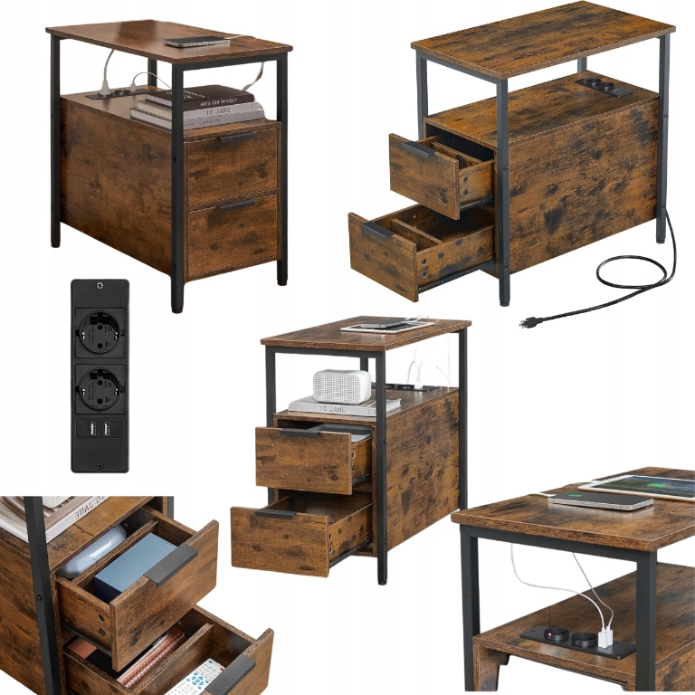 Nočný konferenčný stolík 60 cm s Usb nabíjačkou, 2 zásuvky, polica, regál Vintage