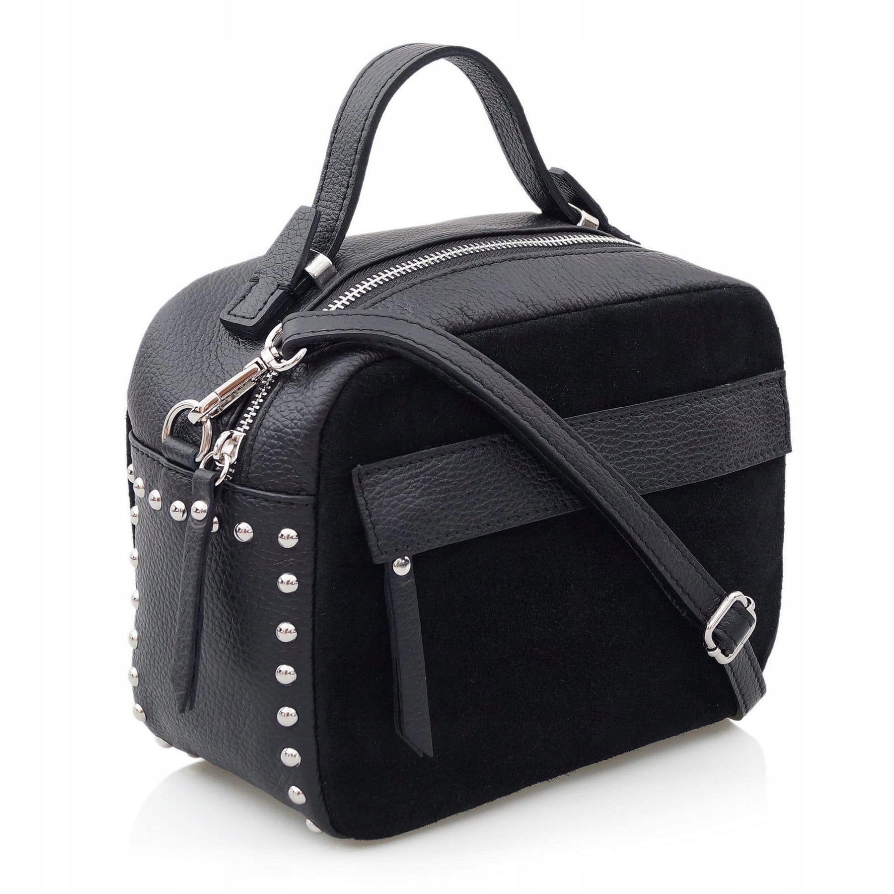 VERA PELLE torebka zamszowa listonoszka kuferek z ćwiekami i paskiem TAUPE Kolor brązowy