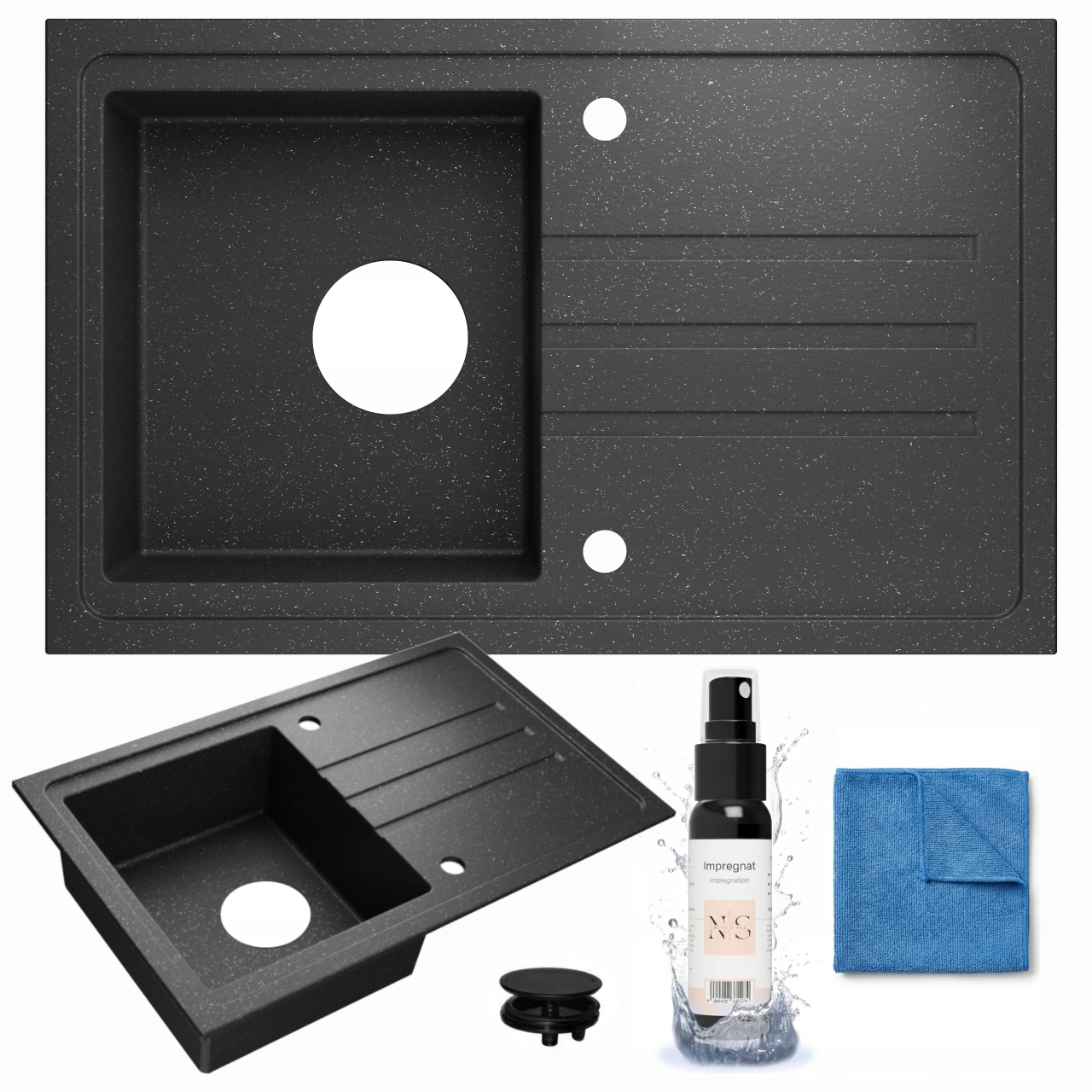 Granitový Jednokomorový Dřez Černý Univerzální 70x44 cm Impregnace
