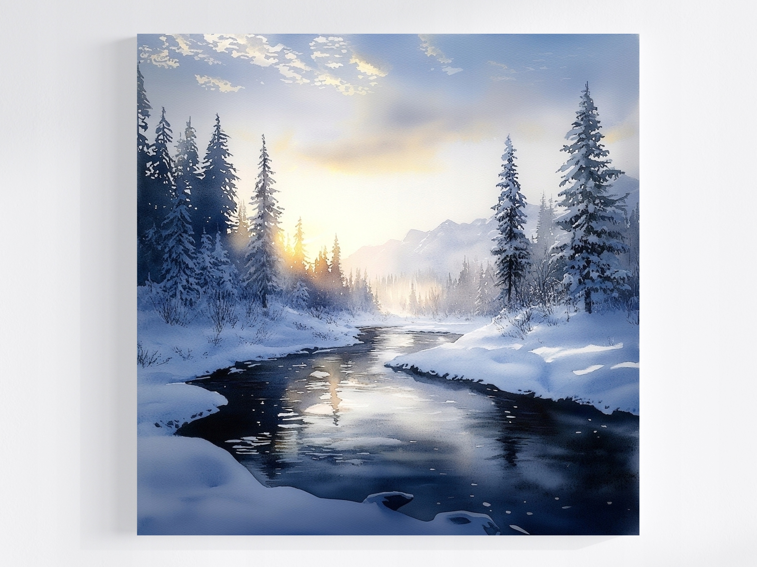 Obraz Na Plátně Canvas Krajina Hory Vrcholky Les Řeka Zima Sníh 80x80